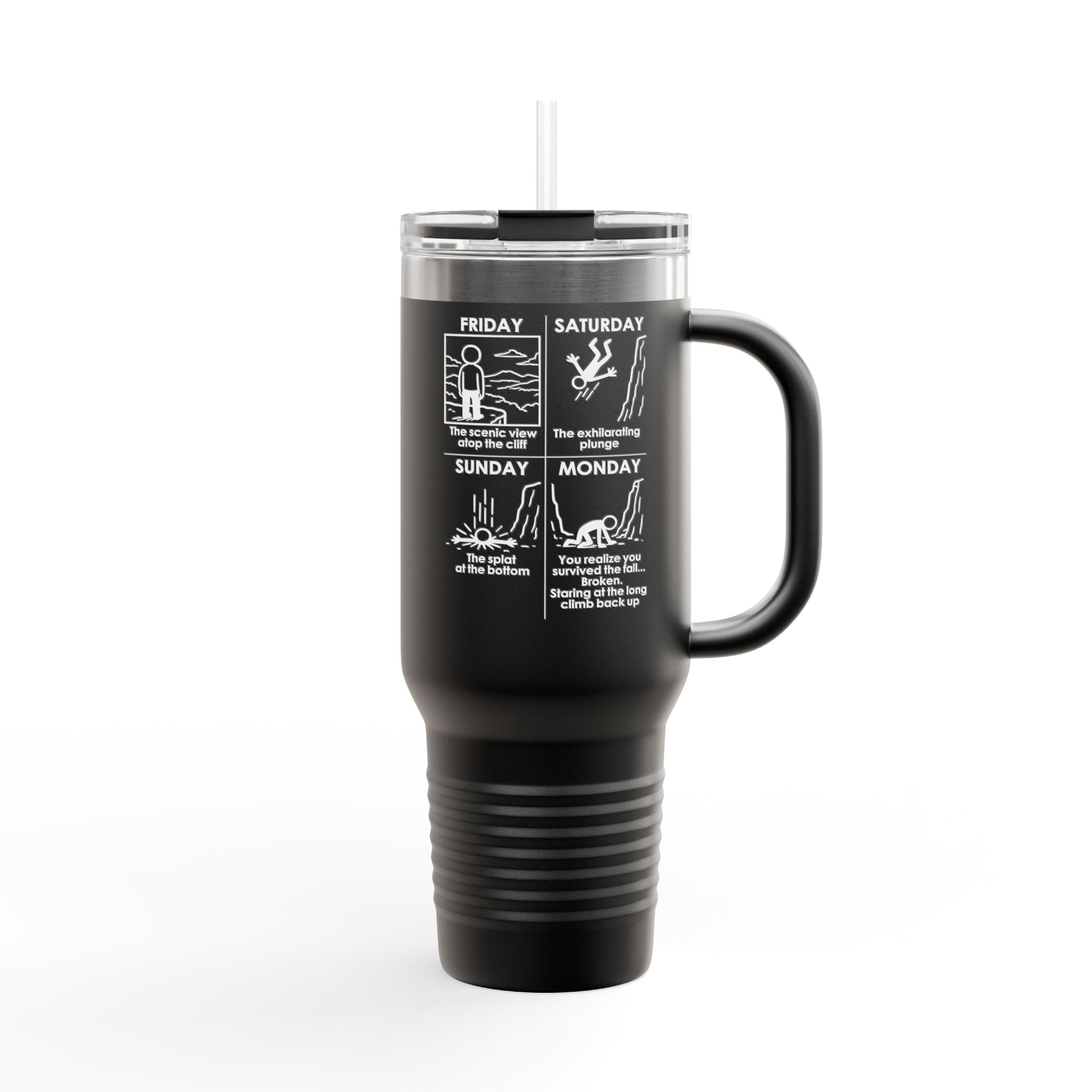 Weekend Cliff Comic Travel Mug – Dark Humor Friday to Monday Survival Tumbler