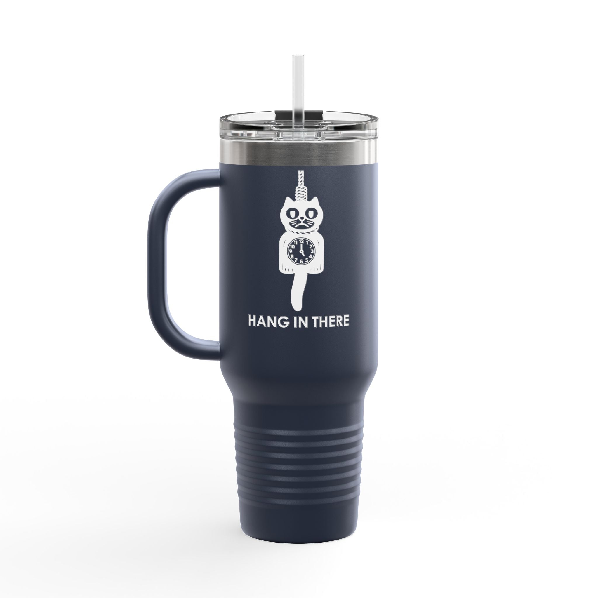Hang In There Travel Mug – Dark Humor Cat Clock Parody Tumbler