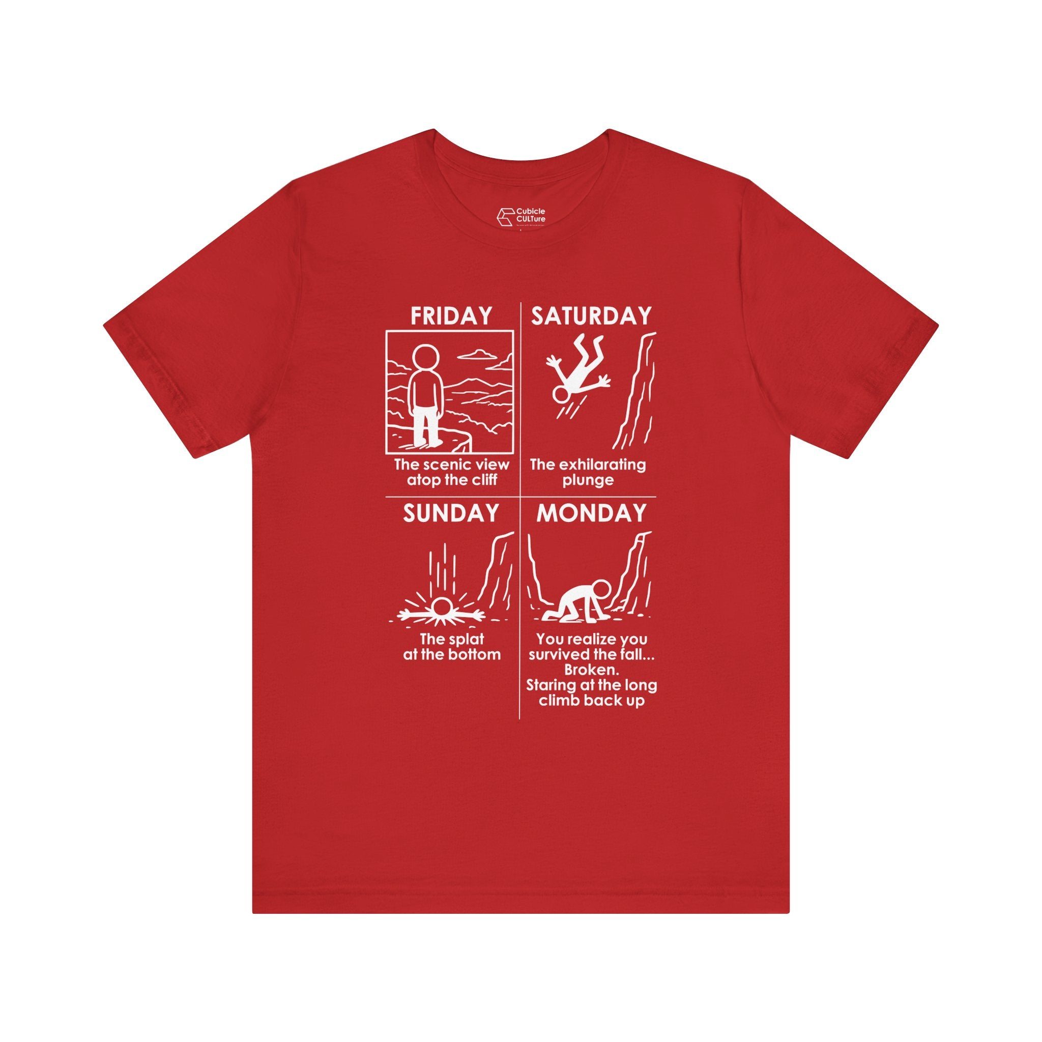 Weekend Cliff Comic T-Shirt – Dark Humor Friday to Monday Survival Graphic Tee
