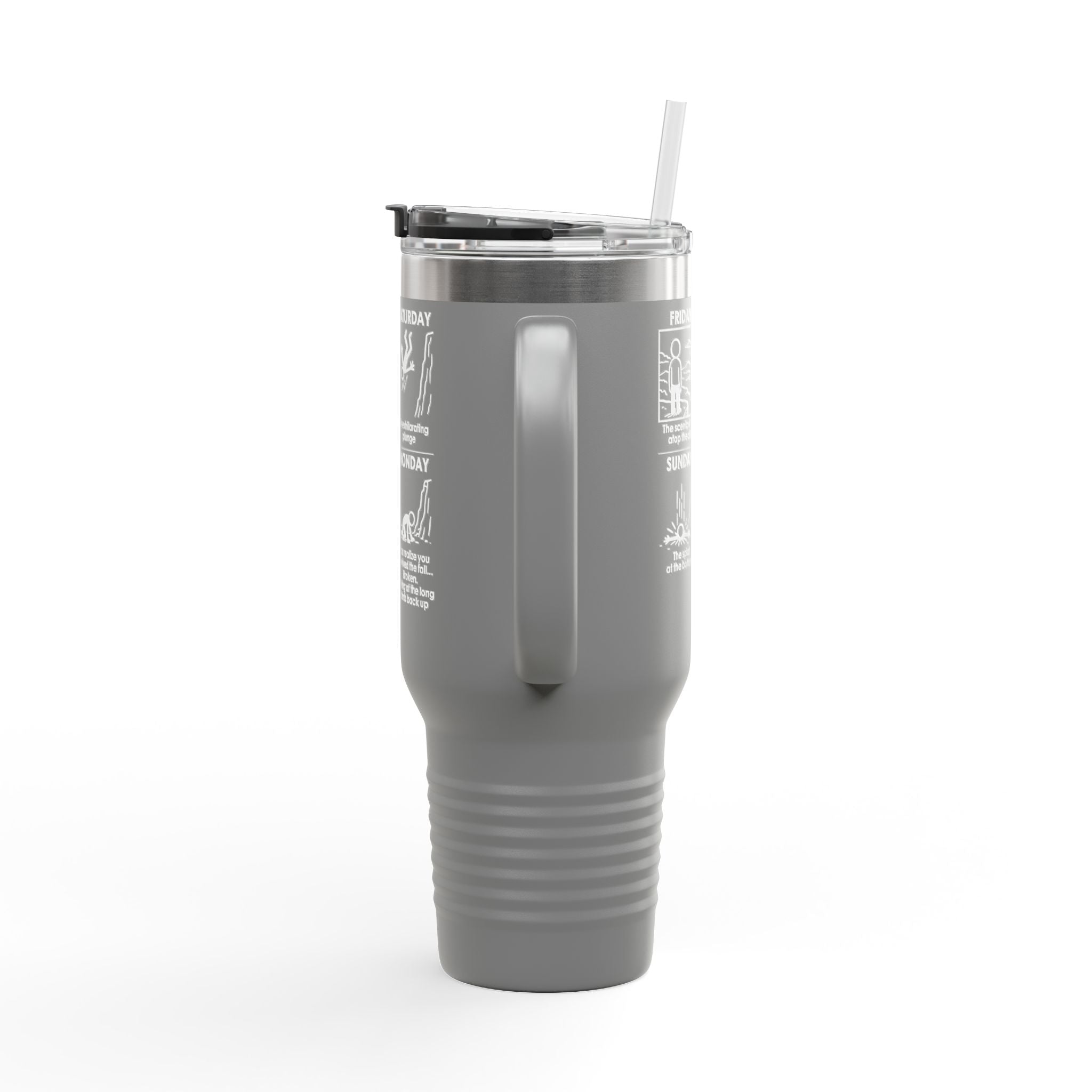 Weekend Cliff Comic Travel Mug – Dark Humor Friday to Monday Survival Tumbler