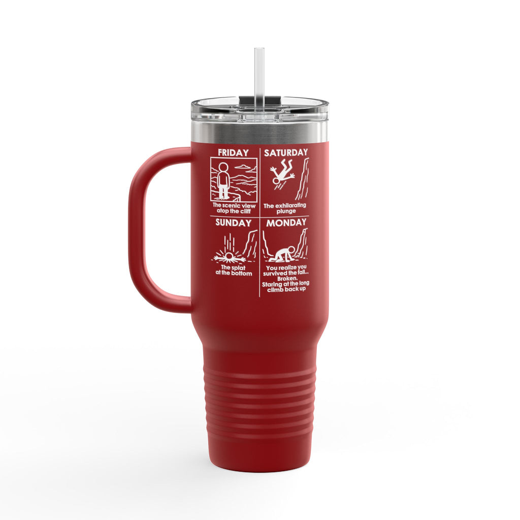 Weekend Cliff Comic Travel Mug – Dark Humor Friday to Monday Survival Tumbler