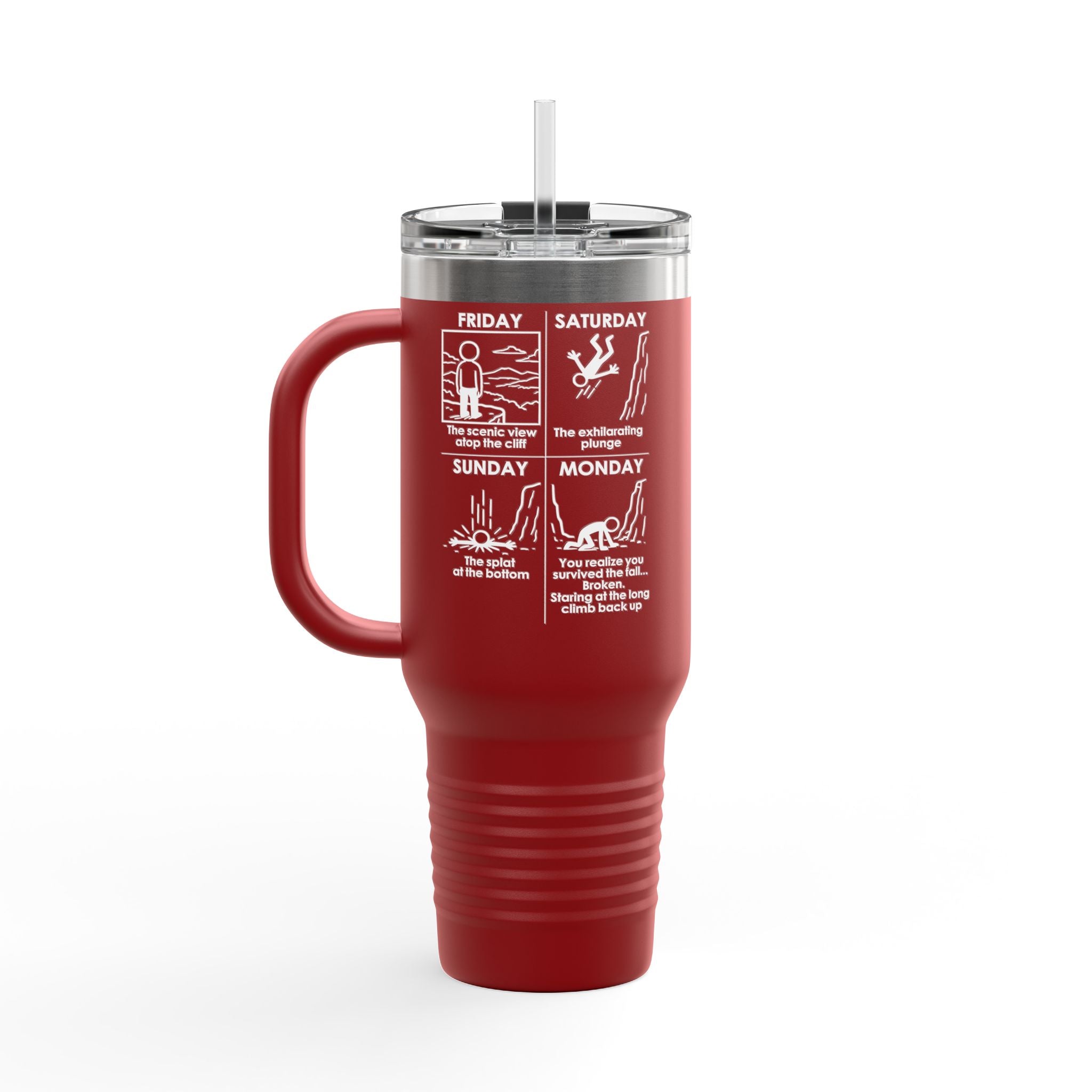 Weekend Cliff Comic Travel Mug – Dark Humor Friday to Monday Survival Tumbler
