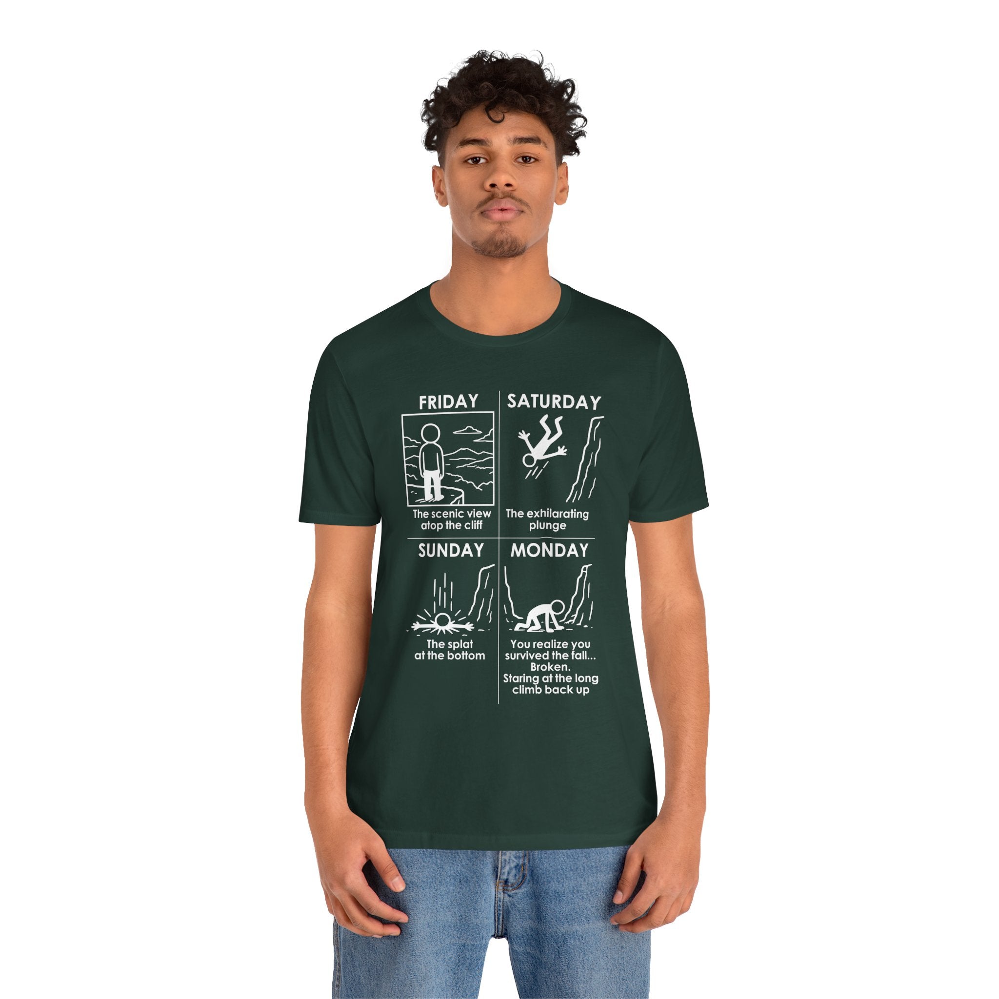 Weekend Cliff Comic T-Shirt – Cliffverse Dark Humor Friday to Monday Survival Graphic Tee