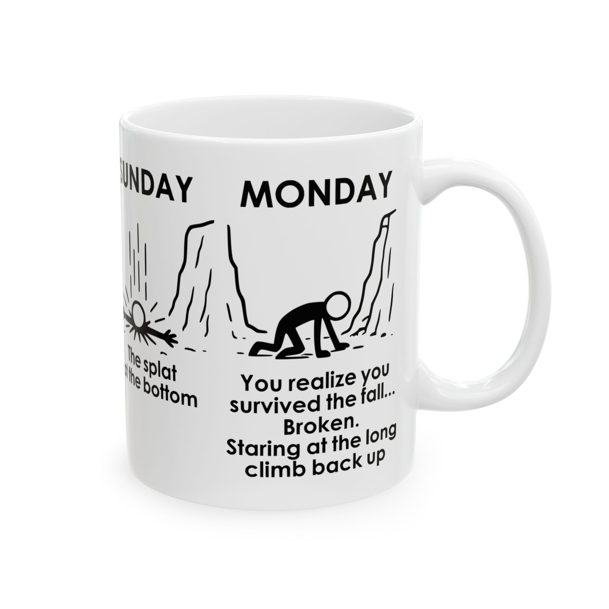Weekend Cliff Comic Coffee Mug – Dark Humor Friday to Monday Survival Cup