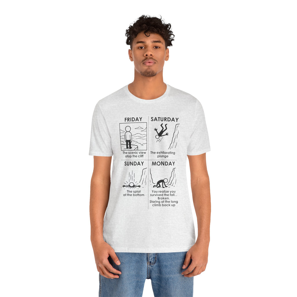 Weekend Cliff Comic T-Shirt – Dark Humor Friday to Monday Survival Graphic Tee