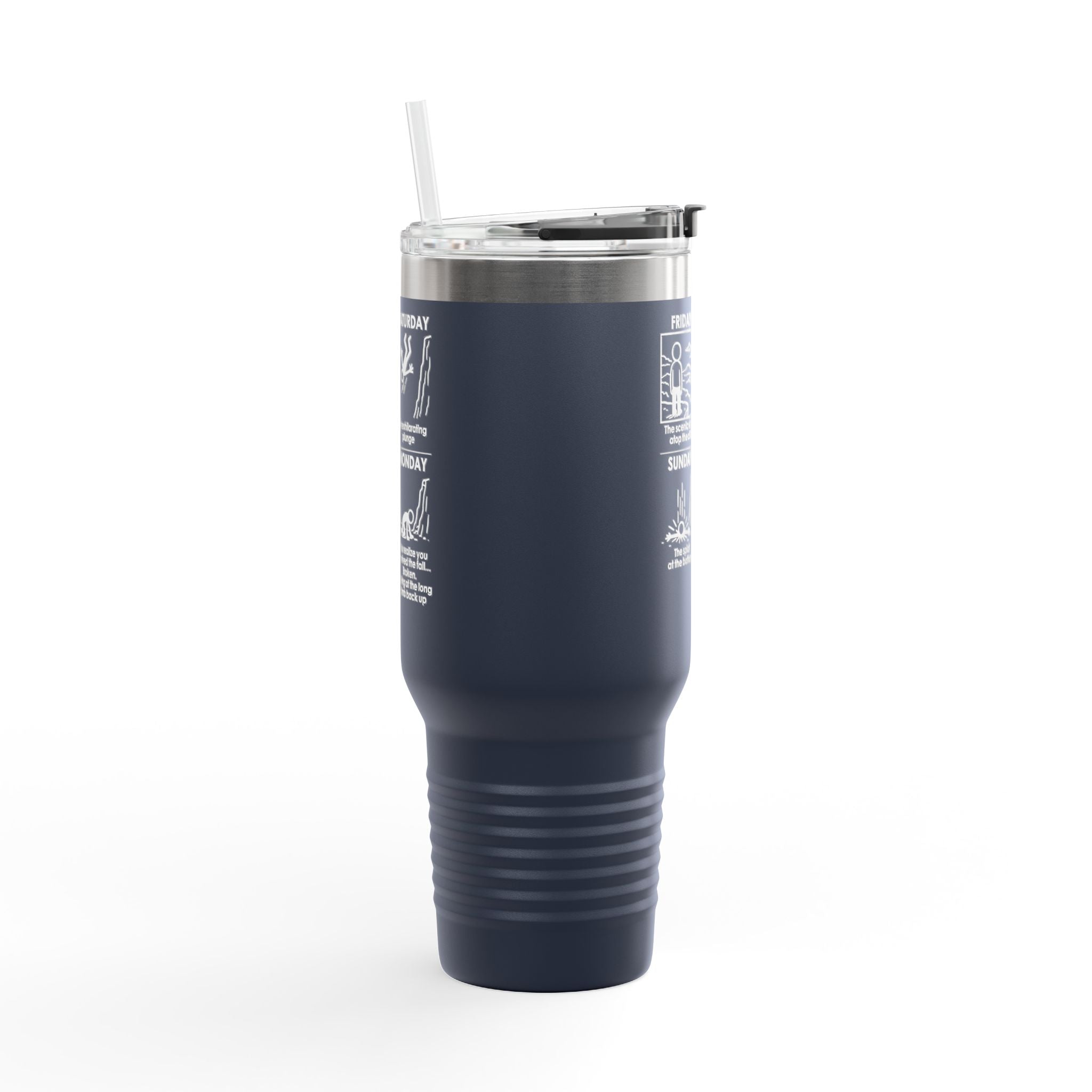 Weekend Cliff Comic Travel Mug – Dark Humor Friday to Monday Survival Tumbler