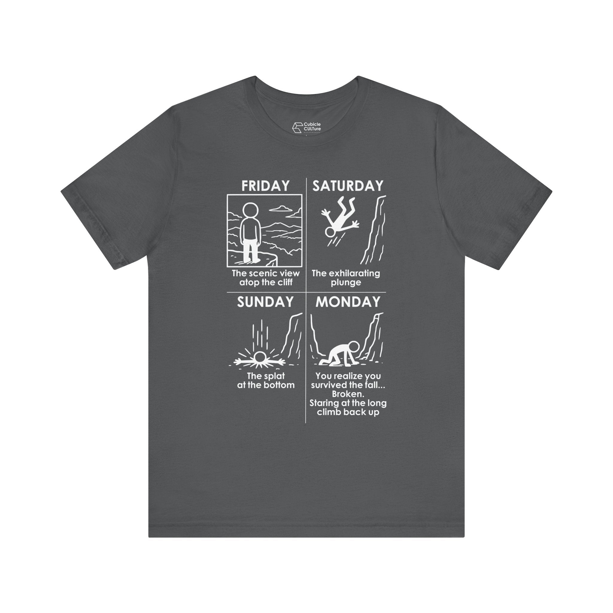Weekend Cliff Comic T-Shirt – Dark Humor Friday to Monday Survival Graphic Tee