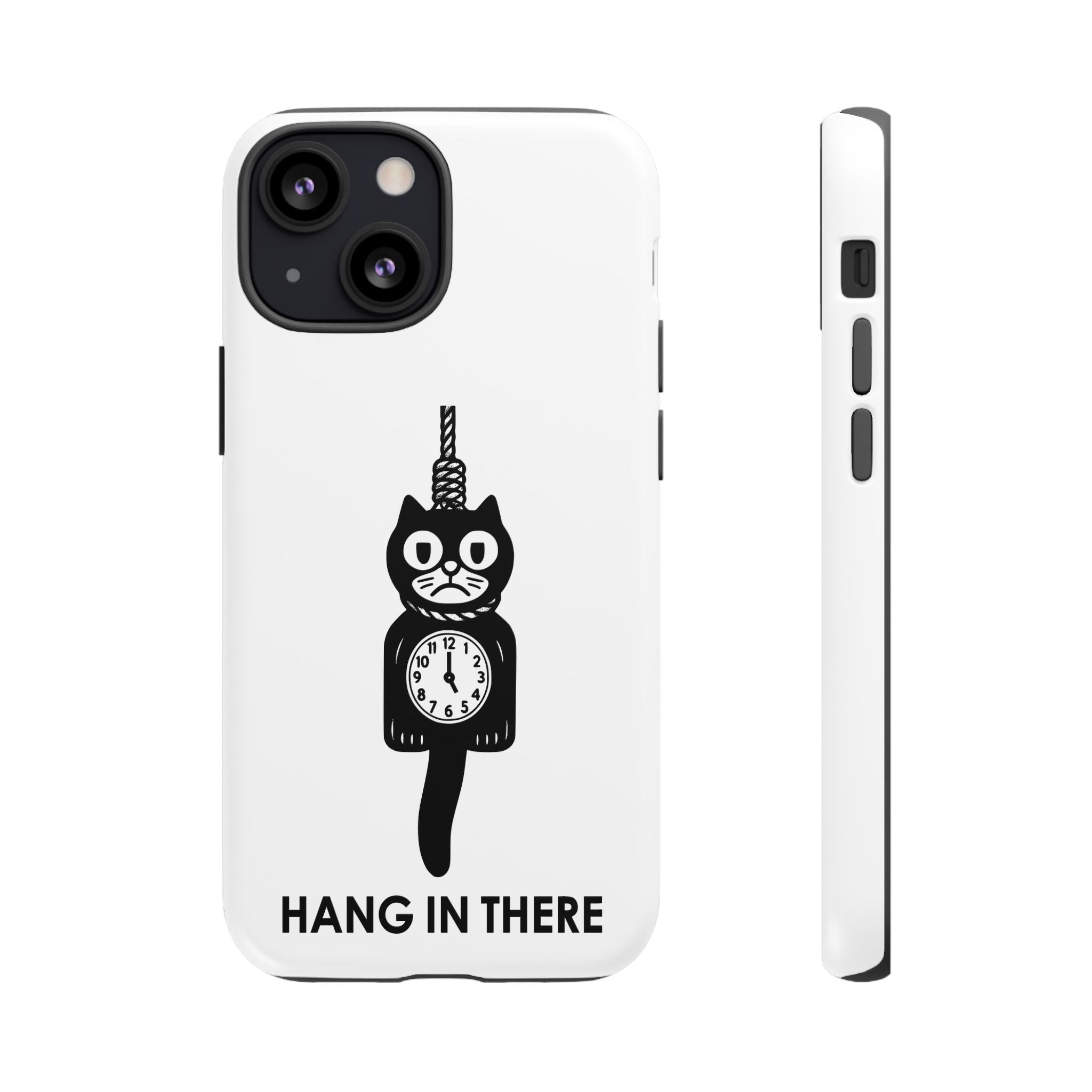 Hang In There Phone Case – Dark Humor Cat Clock Parody Mobile Cover