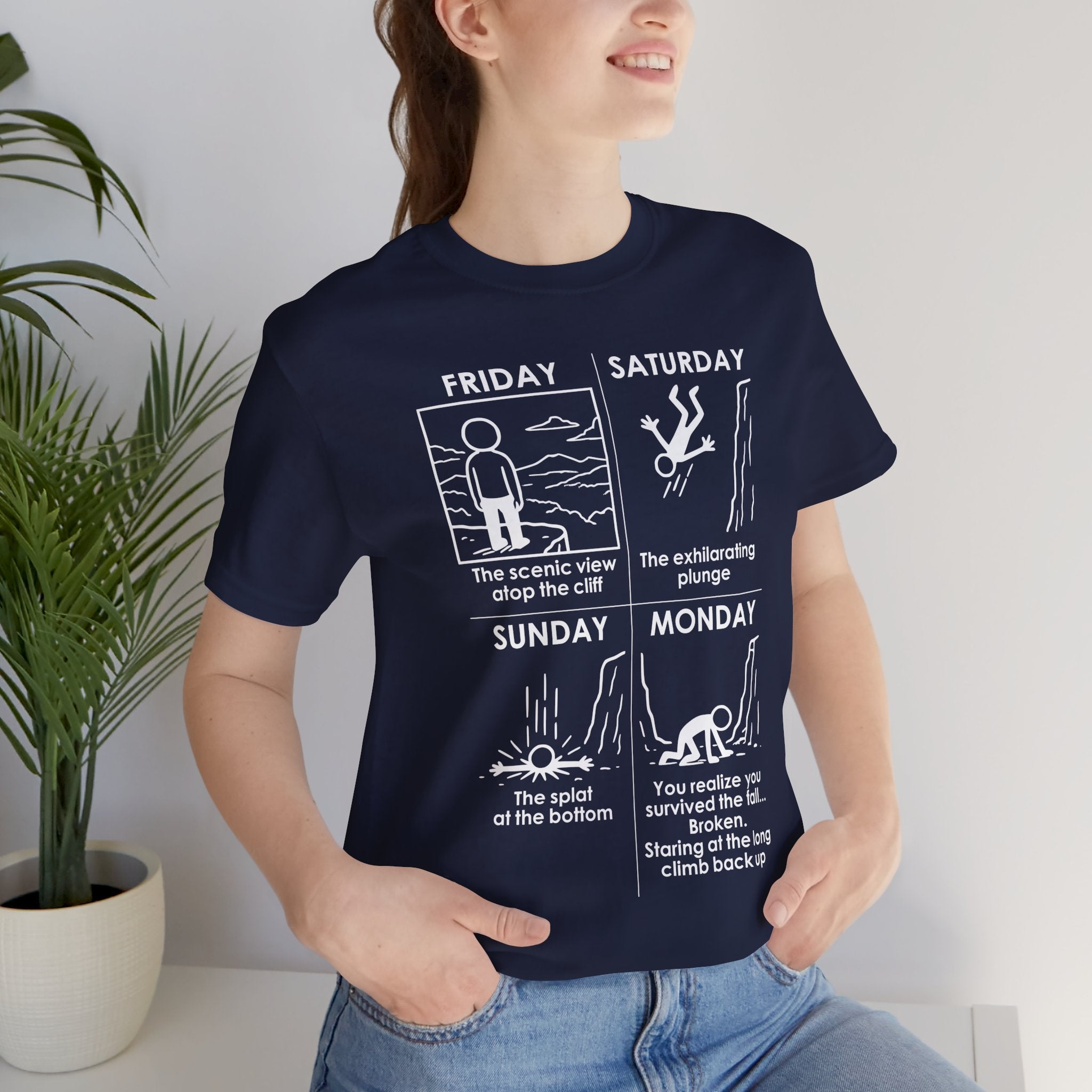 Weekend Cliff Comic T-Shirt – Cliffverse Dark Humor Friday to Monday Survival Graphic Tee