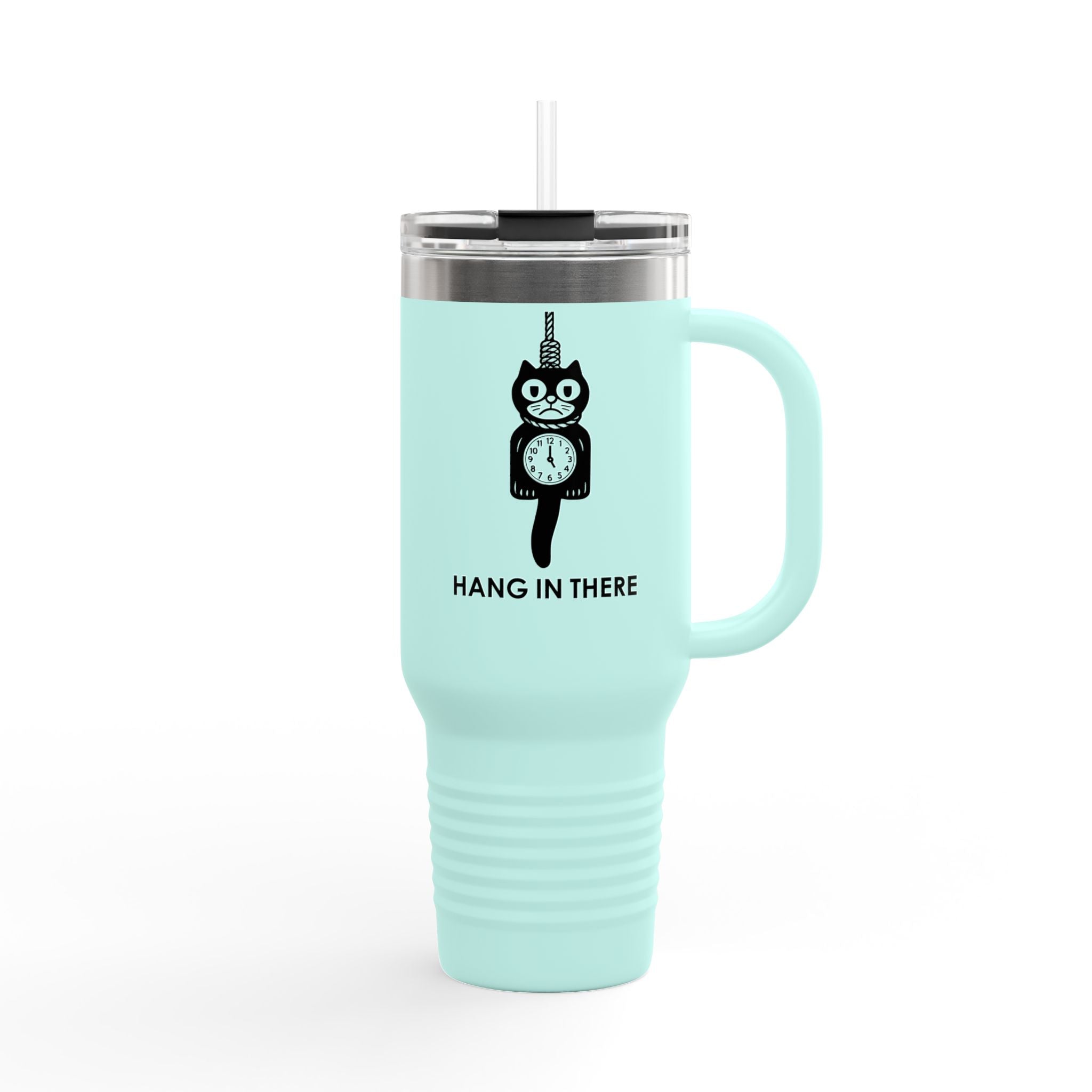 Hang In There Travel Mug – Dark Humor Cat Clock Parody Tumbler