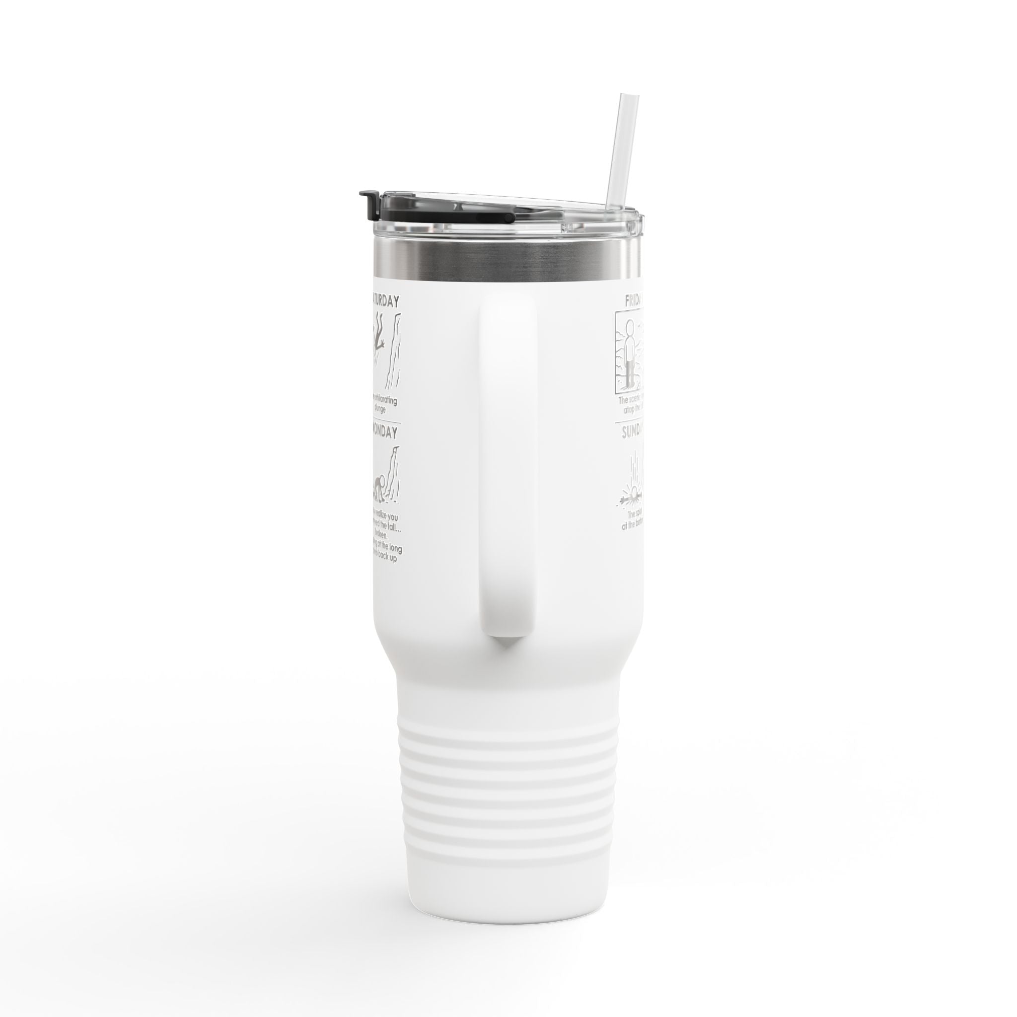Weekend Cliff Comic Travel Mug – Dark Humor Friday to Monday Survival Tumbler