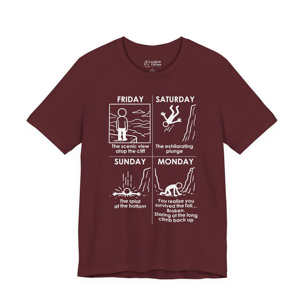 Weekend Cliff Comic T-Shirt – Dark Humor Friday to Monday Survival Graphic Tee