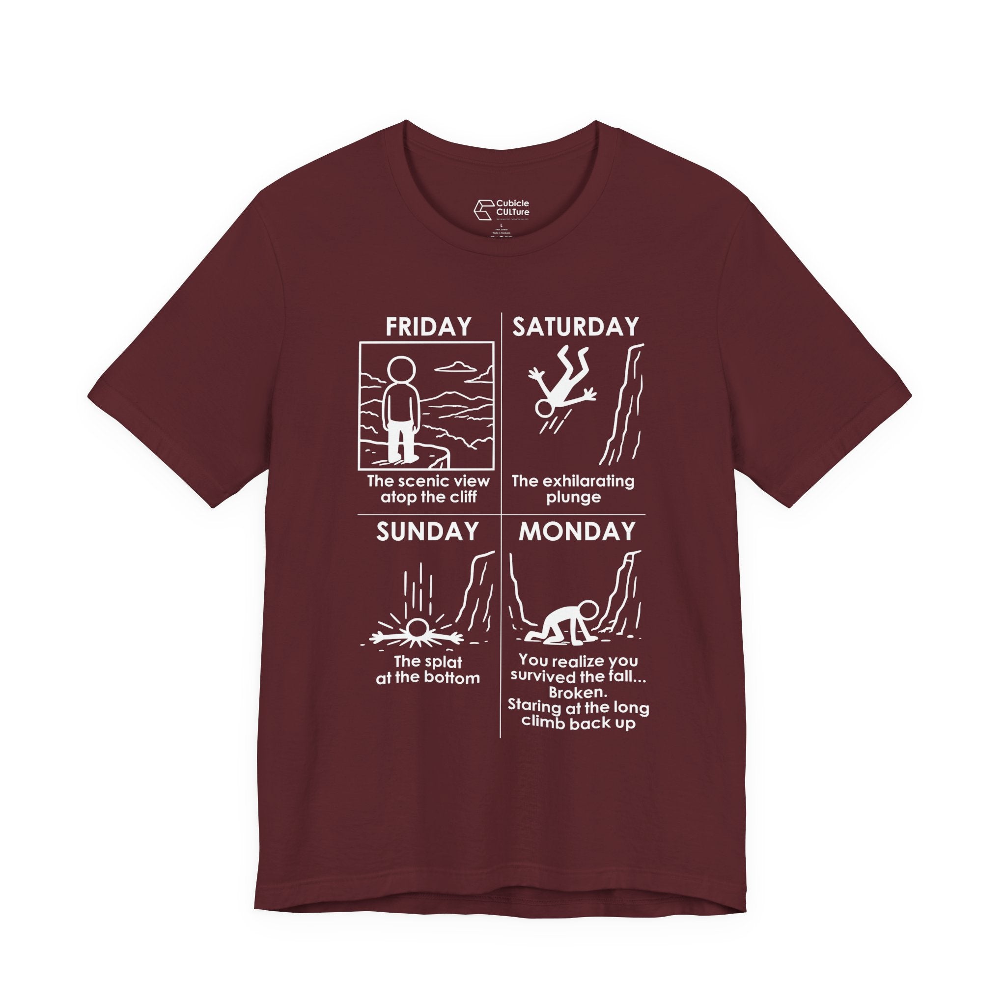 Weekend Cliff Comic T-Shirt – Dark Humor Friday to Monday Survival Graphic Tee