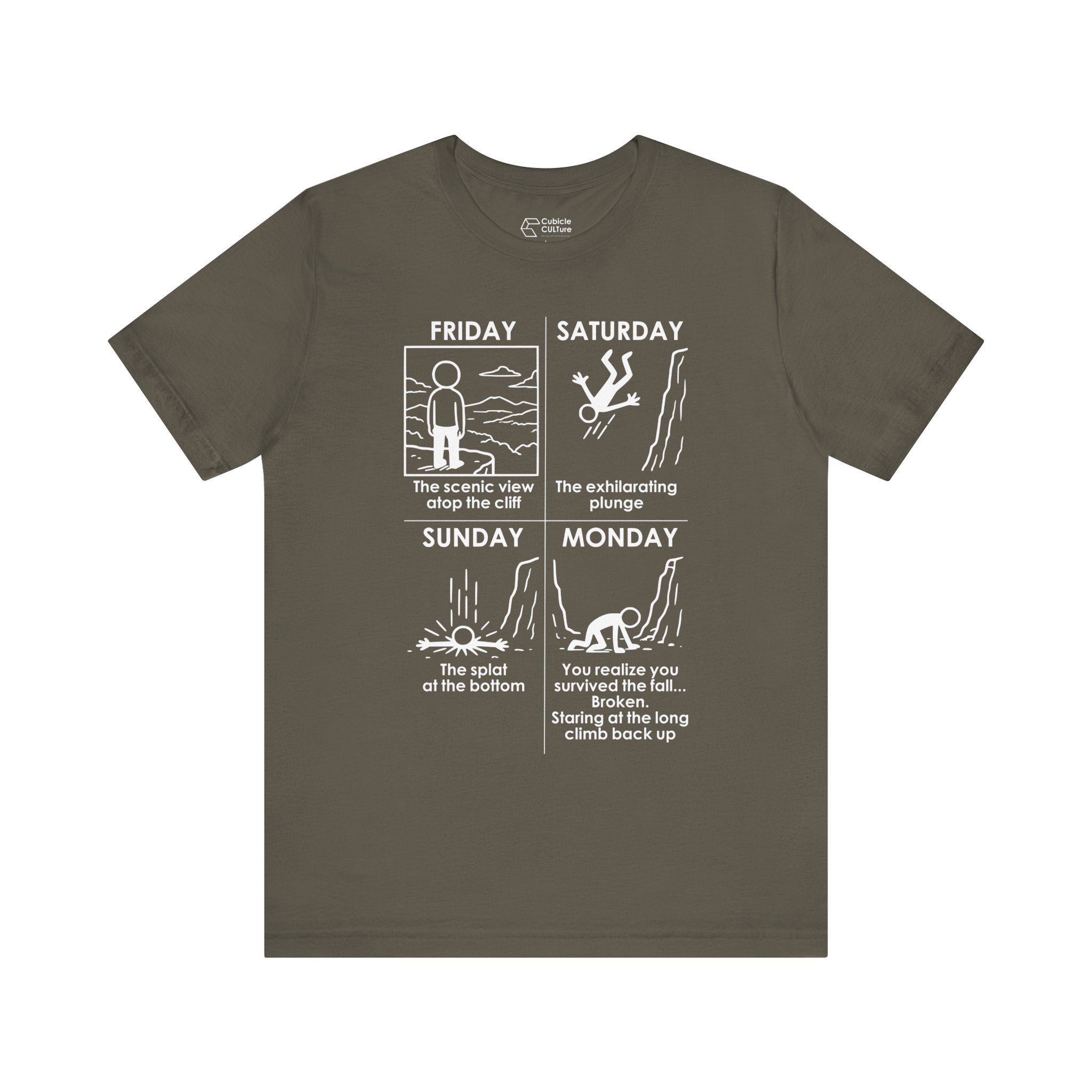 Weekend Cliff Comic T-Shirt – Dark Humor Friday to Monday Survival Graphic Tee