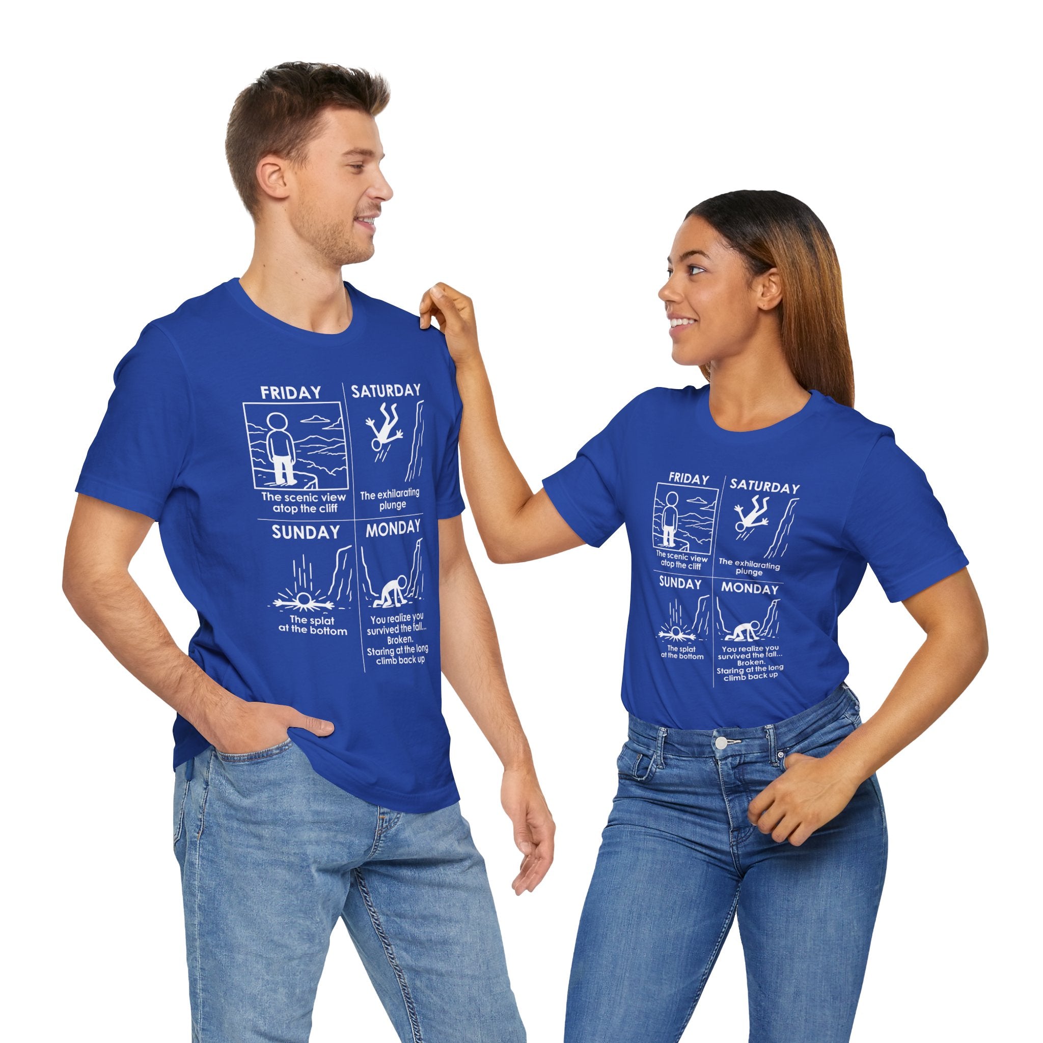 Weekend Cliff Comic T-Shirt – Dark Humor Friday to Monday Survival Graphic Tee