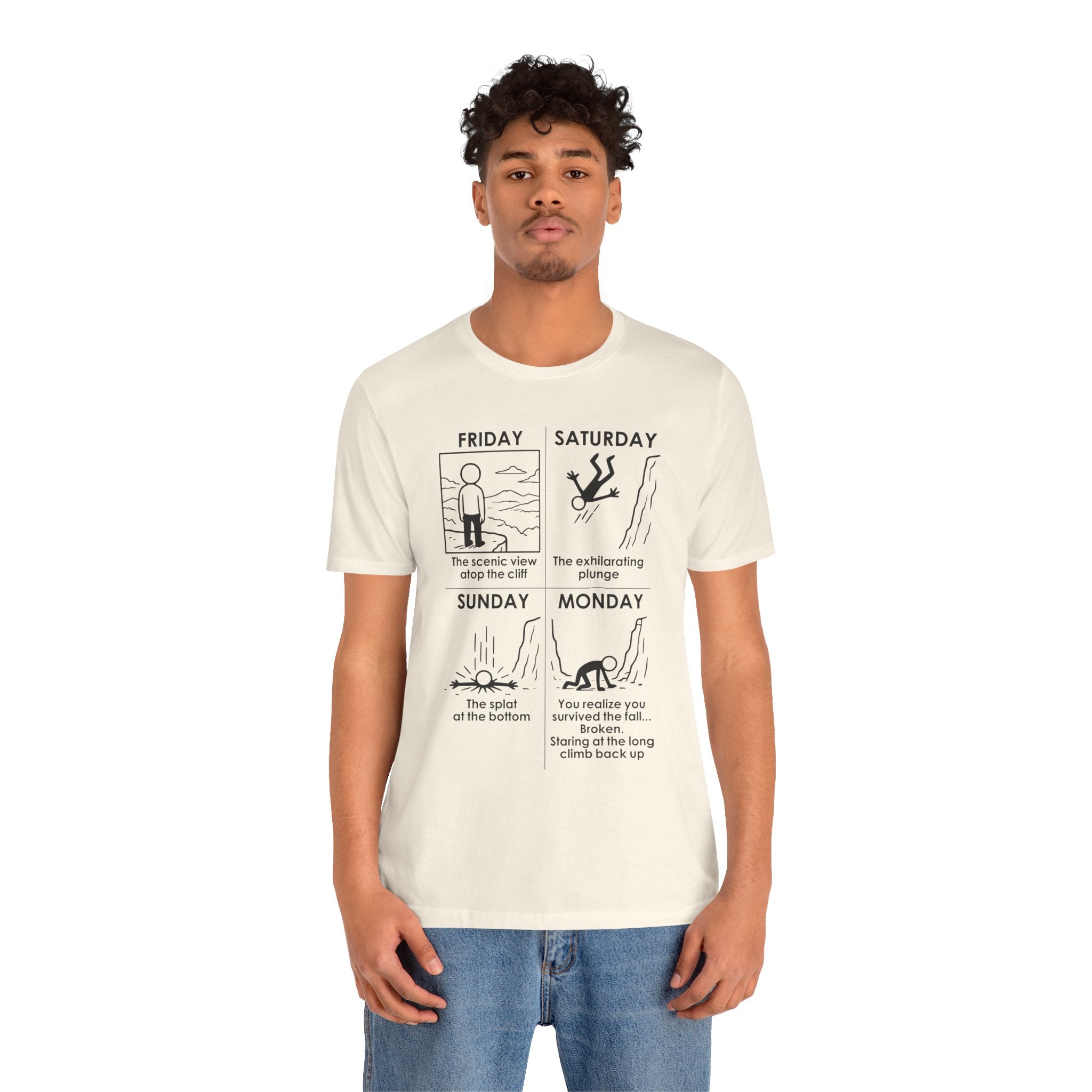 Weekend Cliff Comic T-Shirt – Cliffverse Dark Humor Friday to Monday Survival Graphic Tee