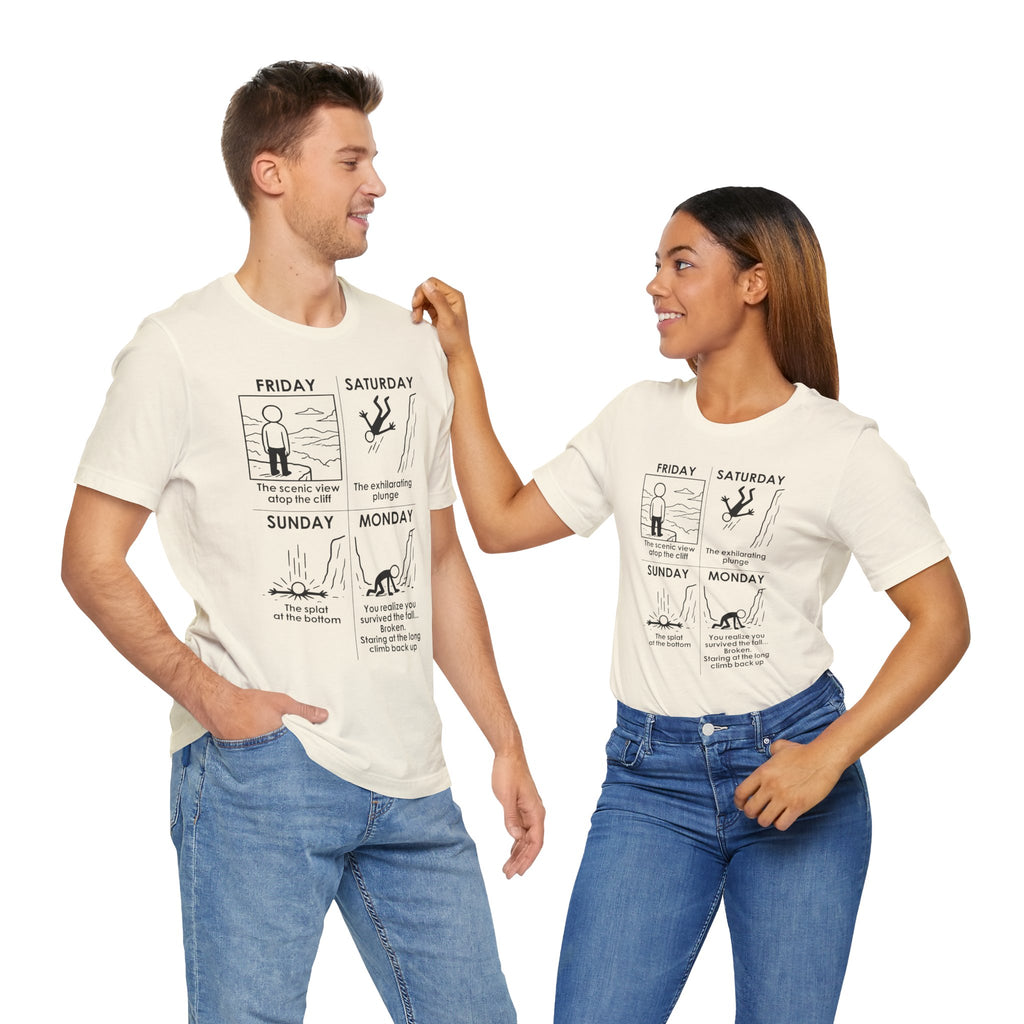 Weekend Cliff Comic T-Shirt – Dark Humor Friday to Monday Survival Graphic Tee