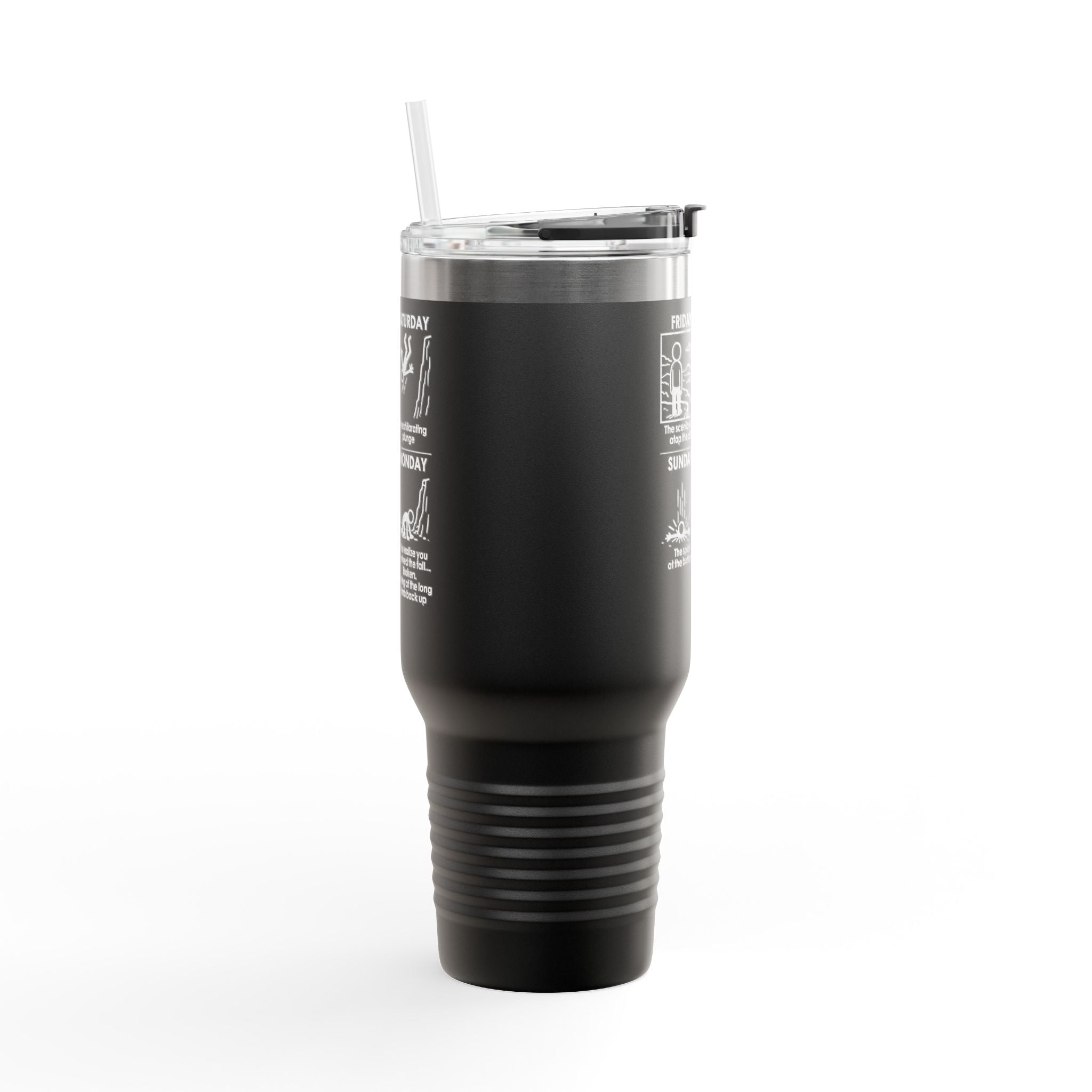 Weekend Cliff Comic Travel Mug – Dark Humor Friday to Monday Survival Tumbler