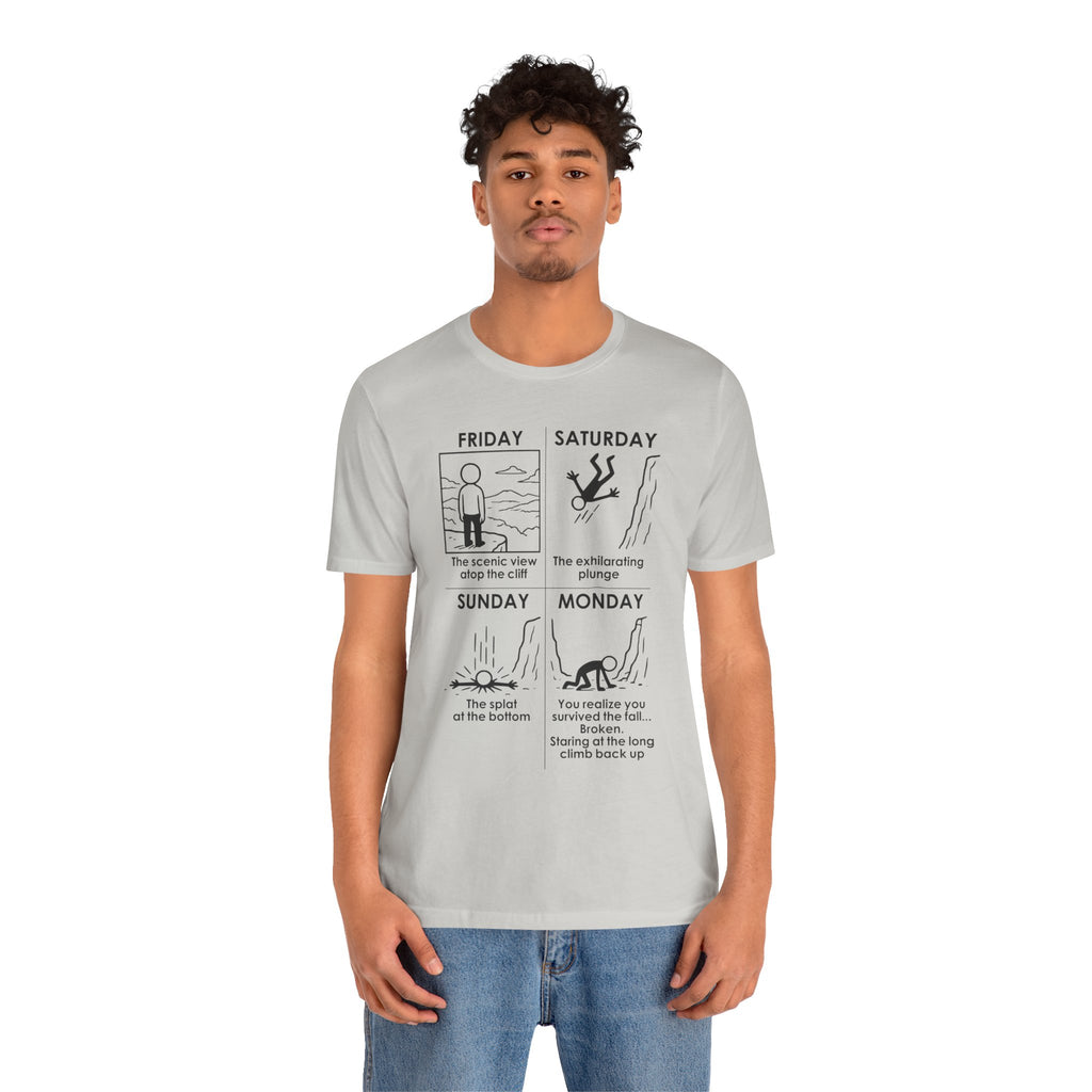 Weekend Cliff Comic T-Shirt – Dark Humor Friday to Monday Survival Graphic Tee
