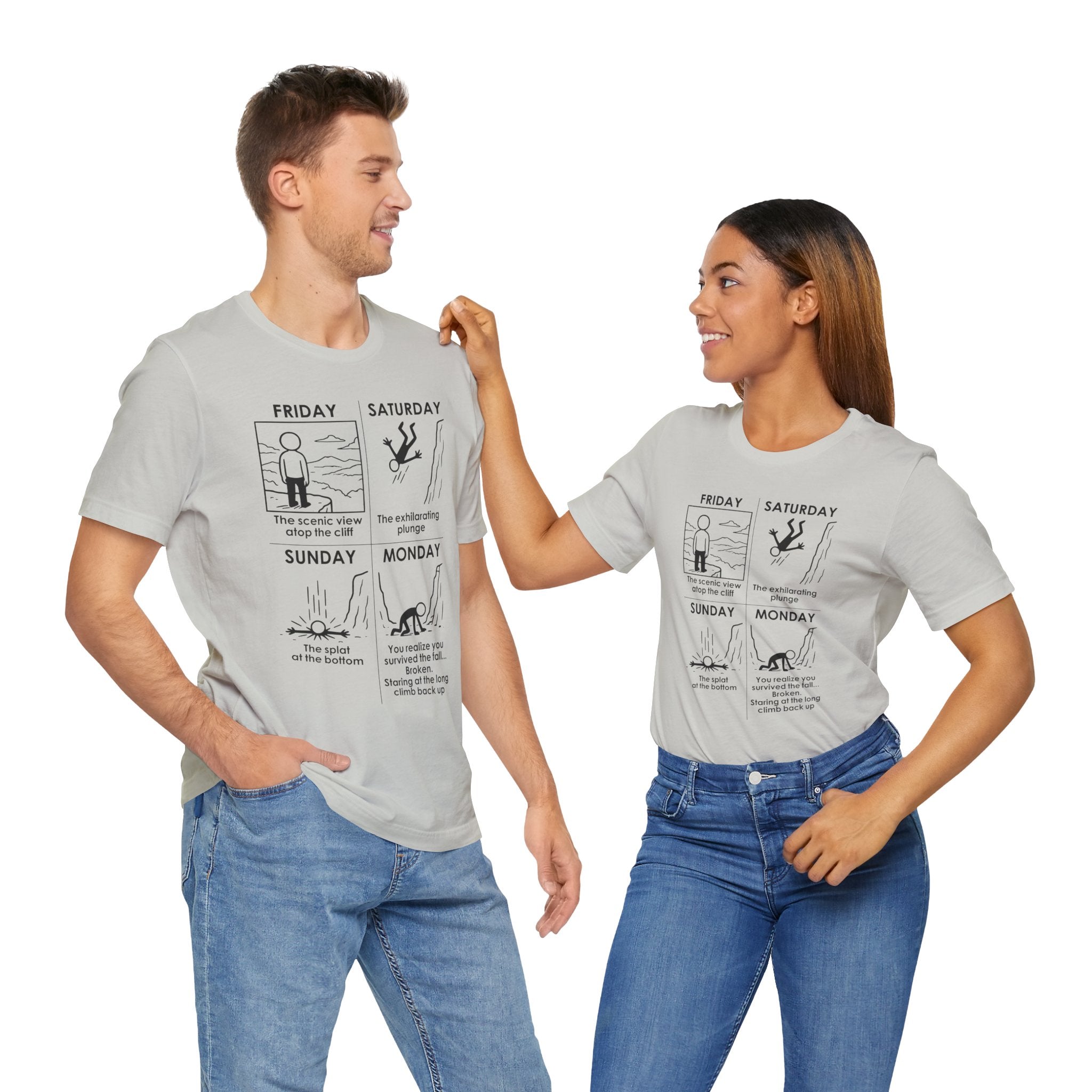 Weekend Cliff Comic T-Shirt – Dark Humor Friday to Monday Survival Graphic Tee