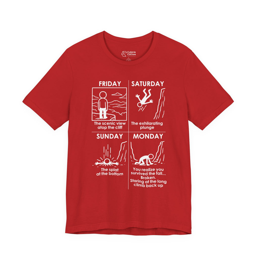 Weekend Cliff Comic T-Shirt – Dark Humor Friday to Monday Survival Graphic Tee