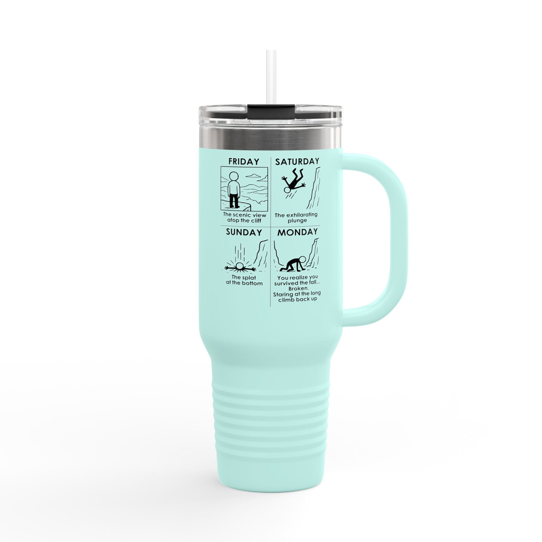 Weekend Cliff Comic Travel Mug – Dark Humor Friday to Monday Survival Tumbler