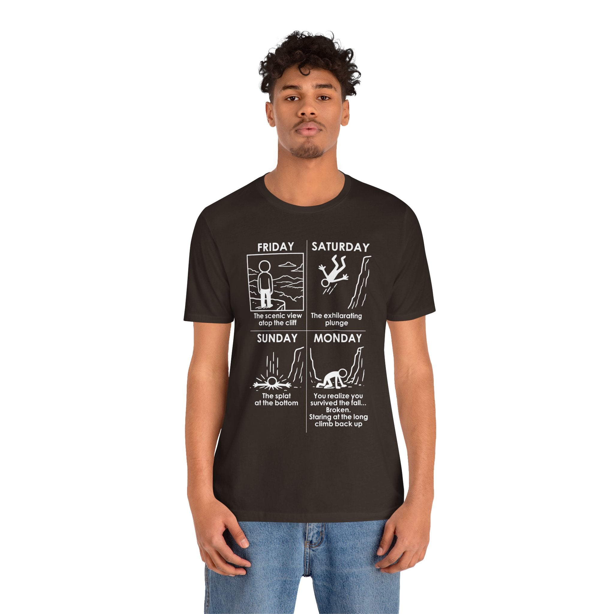 Weekend Cliff Comic T-Shirt – Cliffverse Dark Humor Friday to Monday Survival Graphic Tee