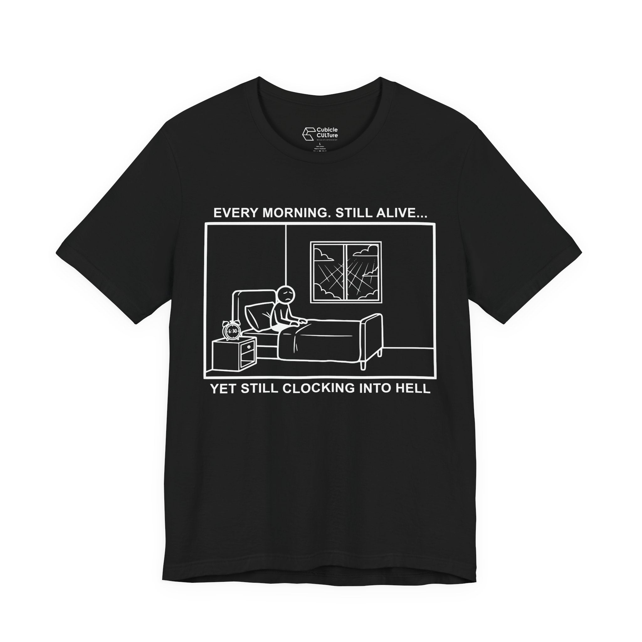 Every Morning — Clocking into Hell T-Shirt – Cliffverse Office Humor Graphic Tee for Corporate Survivors
