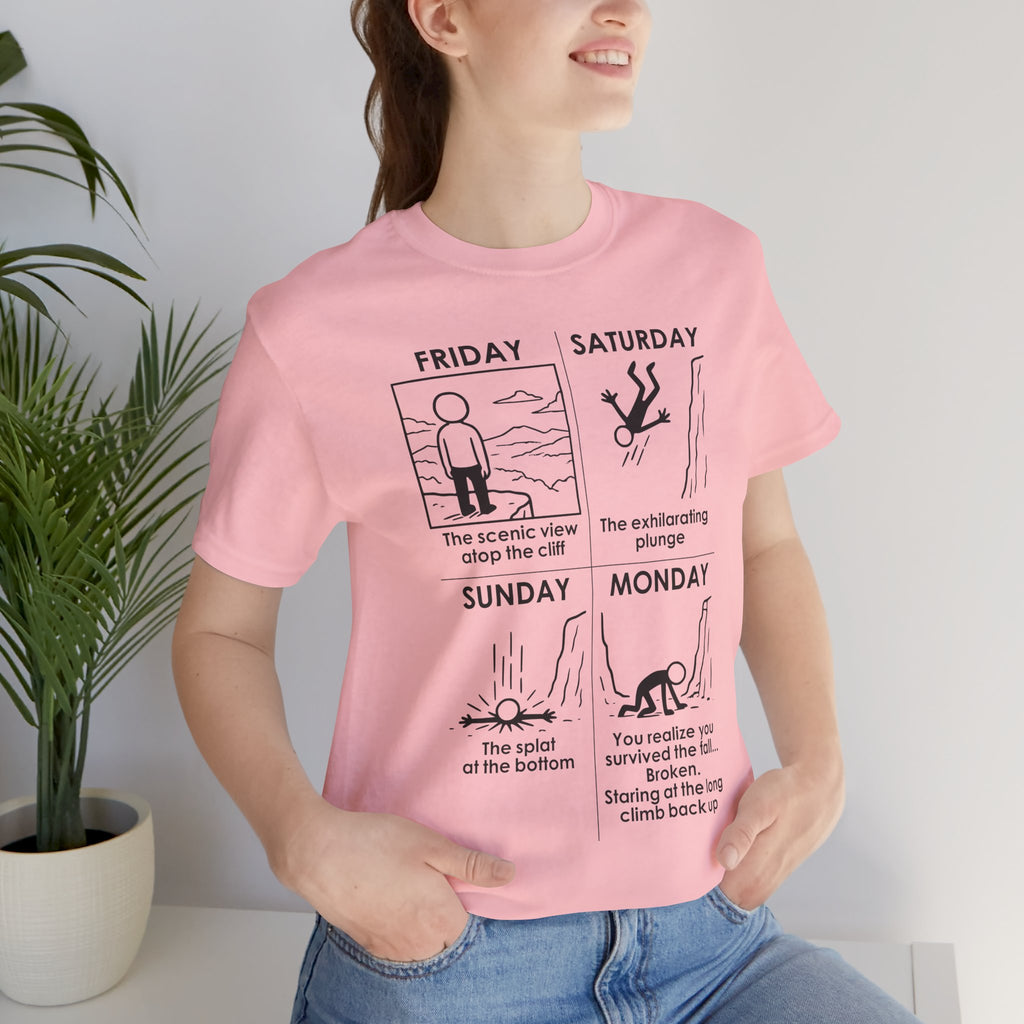 Weekend Cliff Comic T-Shirt – Dark Humor Friday to Monday Survival Graphic Tee