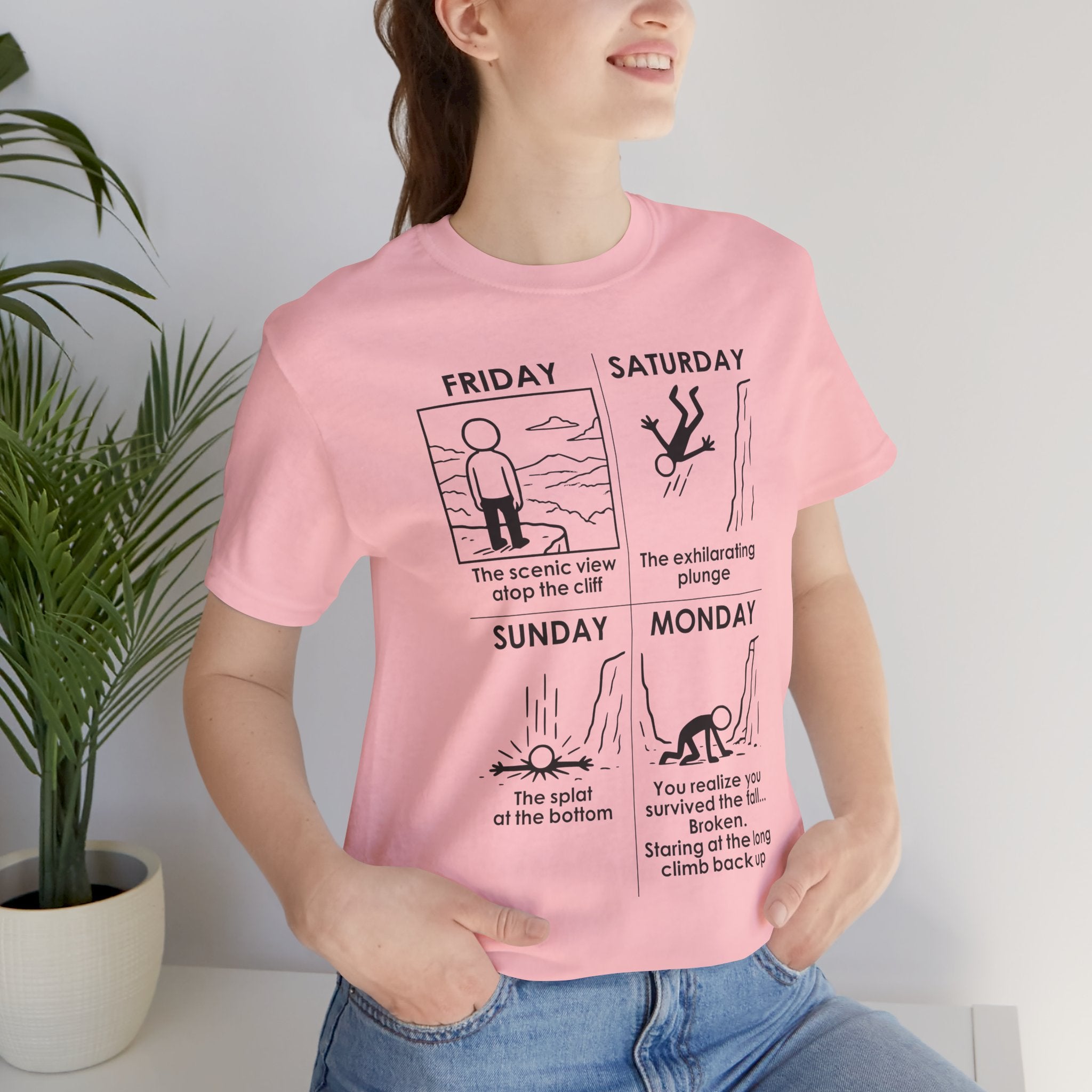 Weekend Cliff Comic T-Shirt – Dark Humor Friday to Monday Survival Graphic Tee