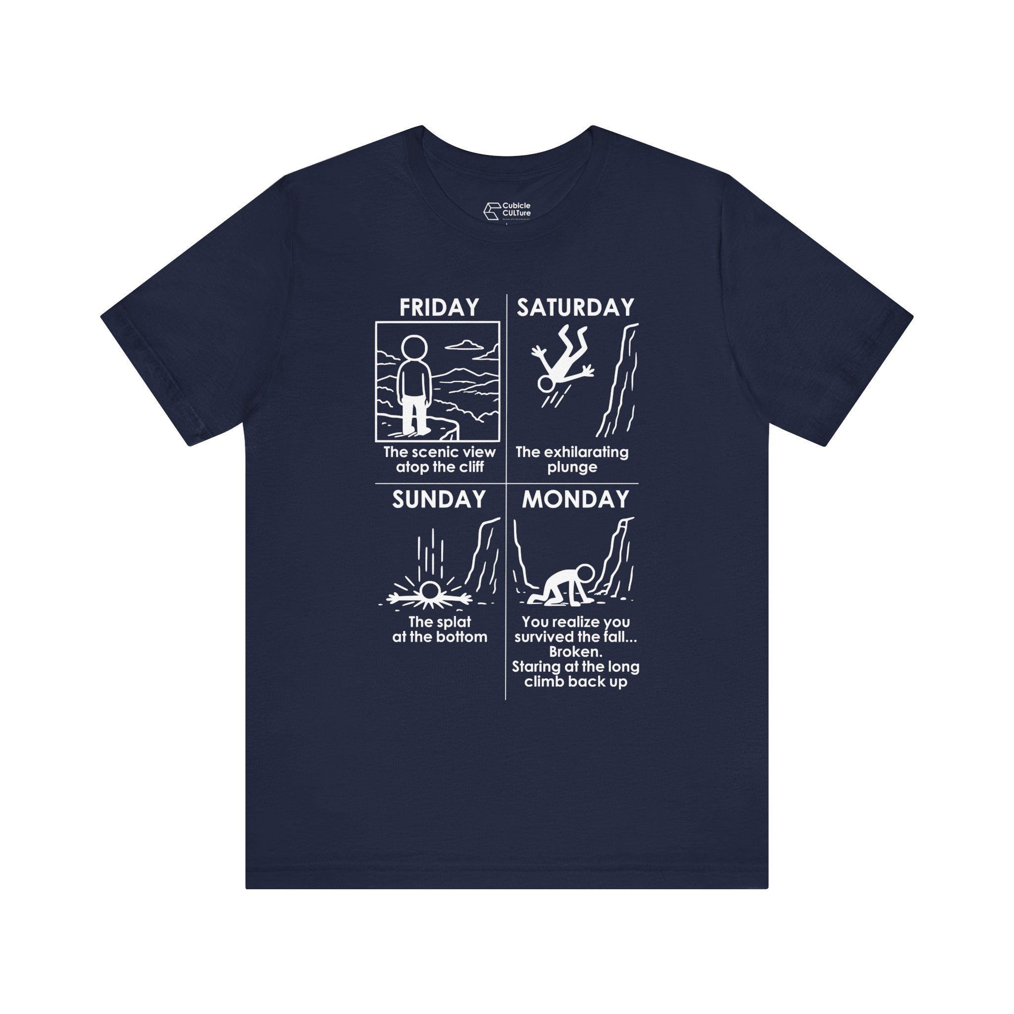 Weekend Cliff Comic T-Shirt – Dark Humor Friday to Monday Survival Graphic Tee