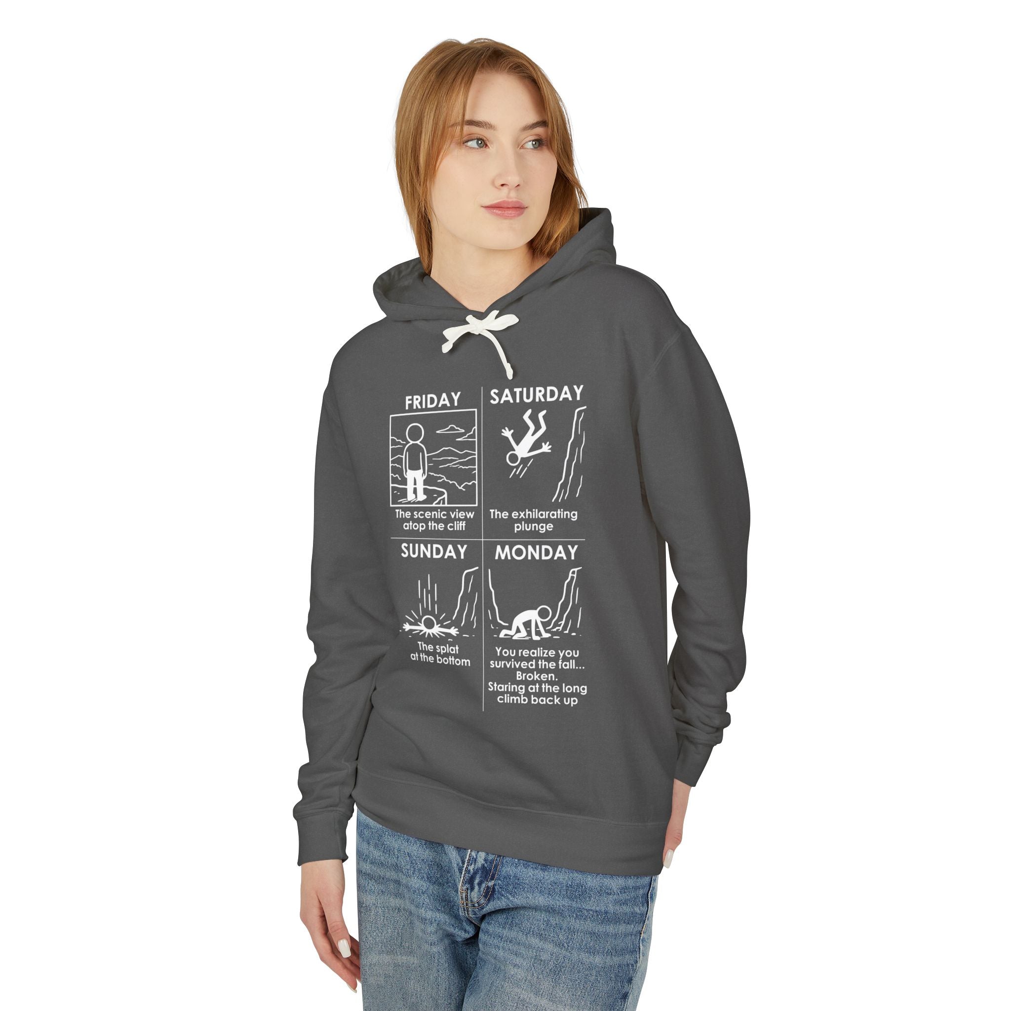 Weekend Cliff Comic Hoodie – Dark Humor Friday to Monday Survival Sweatshirt