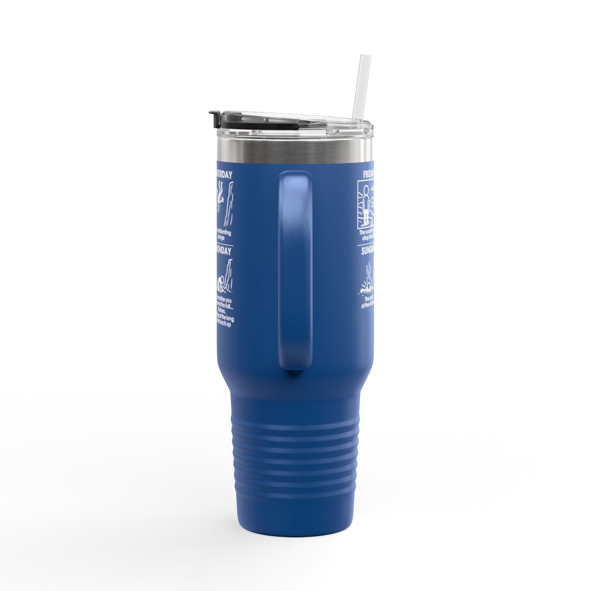Weekend Cliff Comic Travel Mug – Dark Humor Friday to Monday Survival Tumbler