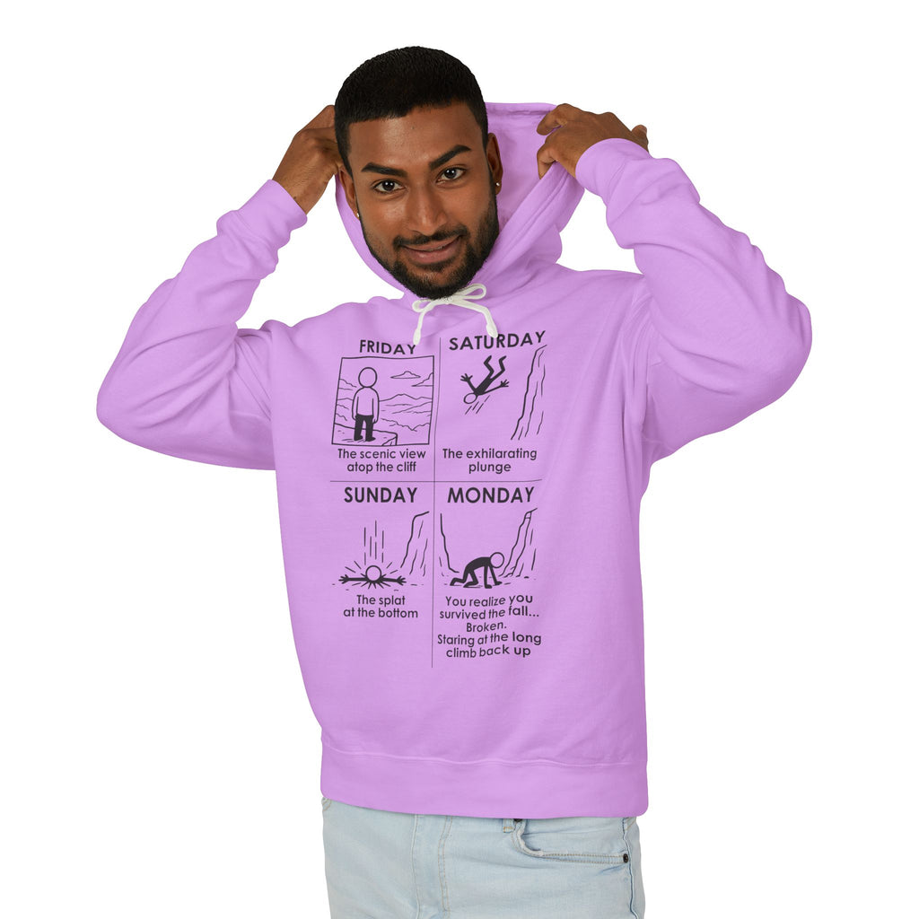 Weekend Cliff Comic Hoodie – Dark Humor Friday to Monday Survival Sweatshirt