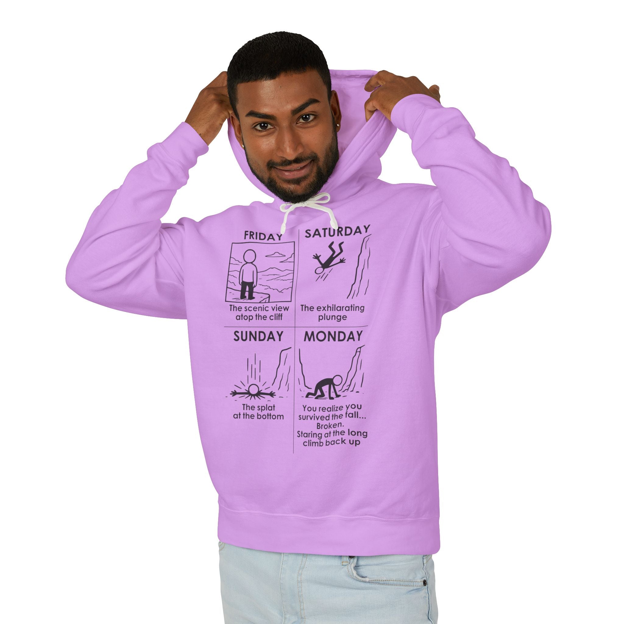 Weekend Cliff Comic Hoodie – Dark Humor Friday to Monday Survival Sweatshirt