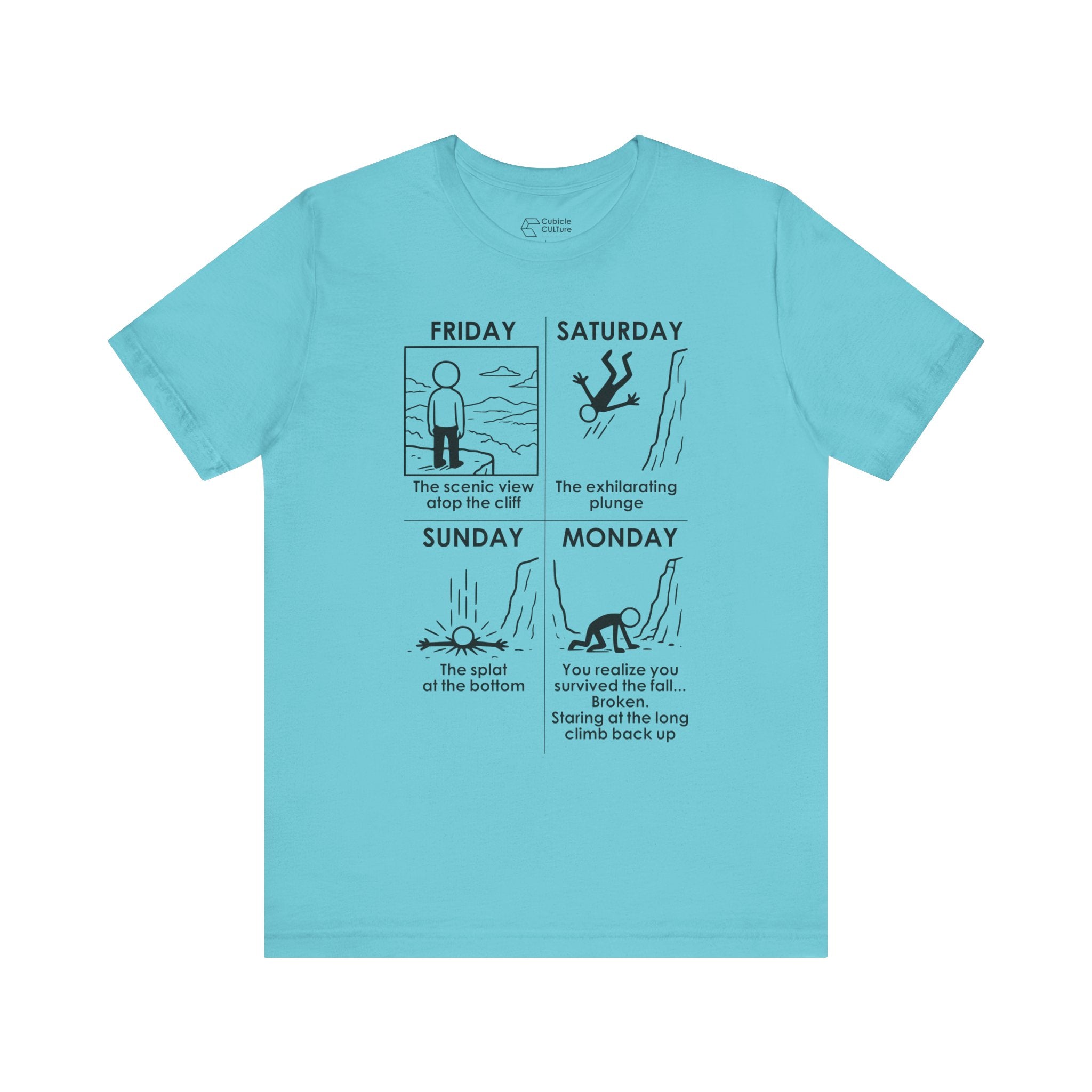 Weekend Cliff Comic T-Shirt – Dark Humor Friday to Monday Survival Graphic Tee