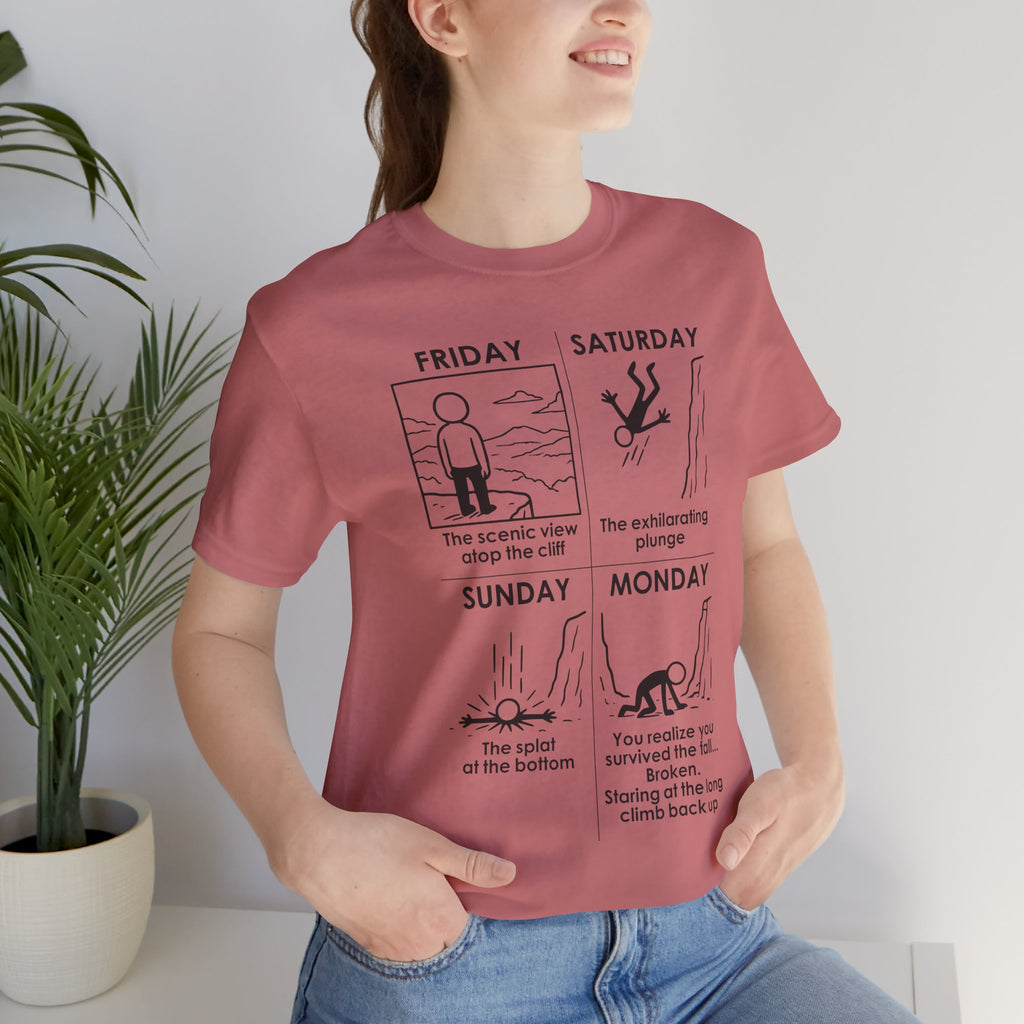Weekend Cliff Comic T-Shirt – Dark Humor Friday to Monday Survival Graphic Tee