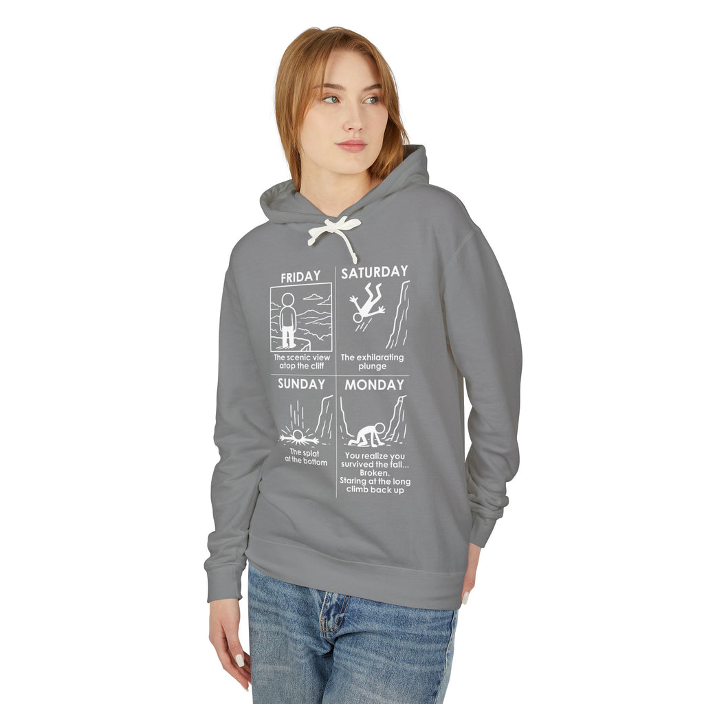 Weekend Cliff Comic Hoodie – Dark Humor Friday to Monday Survival Sweatshirt