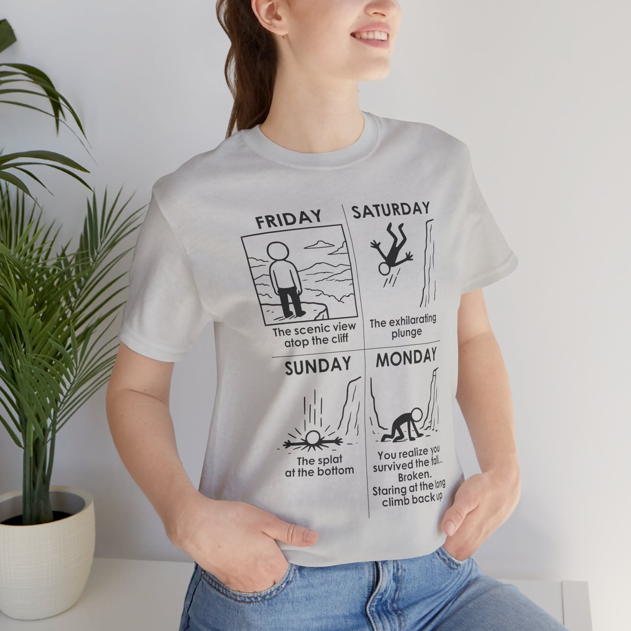 Weekend Cliff Comic T-Shirt – Dark Humor Friday to Monday Survival Graphic Tee