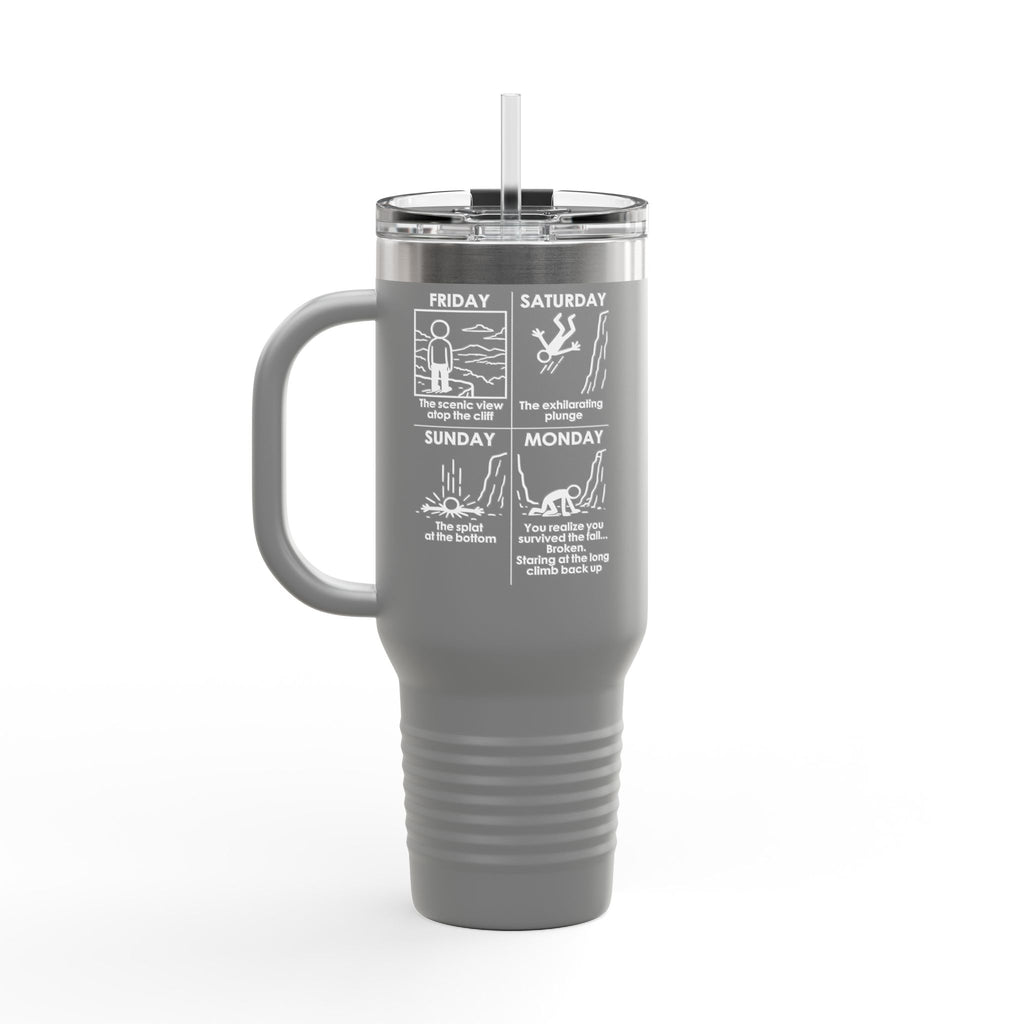 Weekend Cliff Comic Travel Mug – Dark Humor Friday to Monday Survival Tumbler
