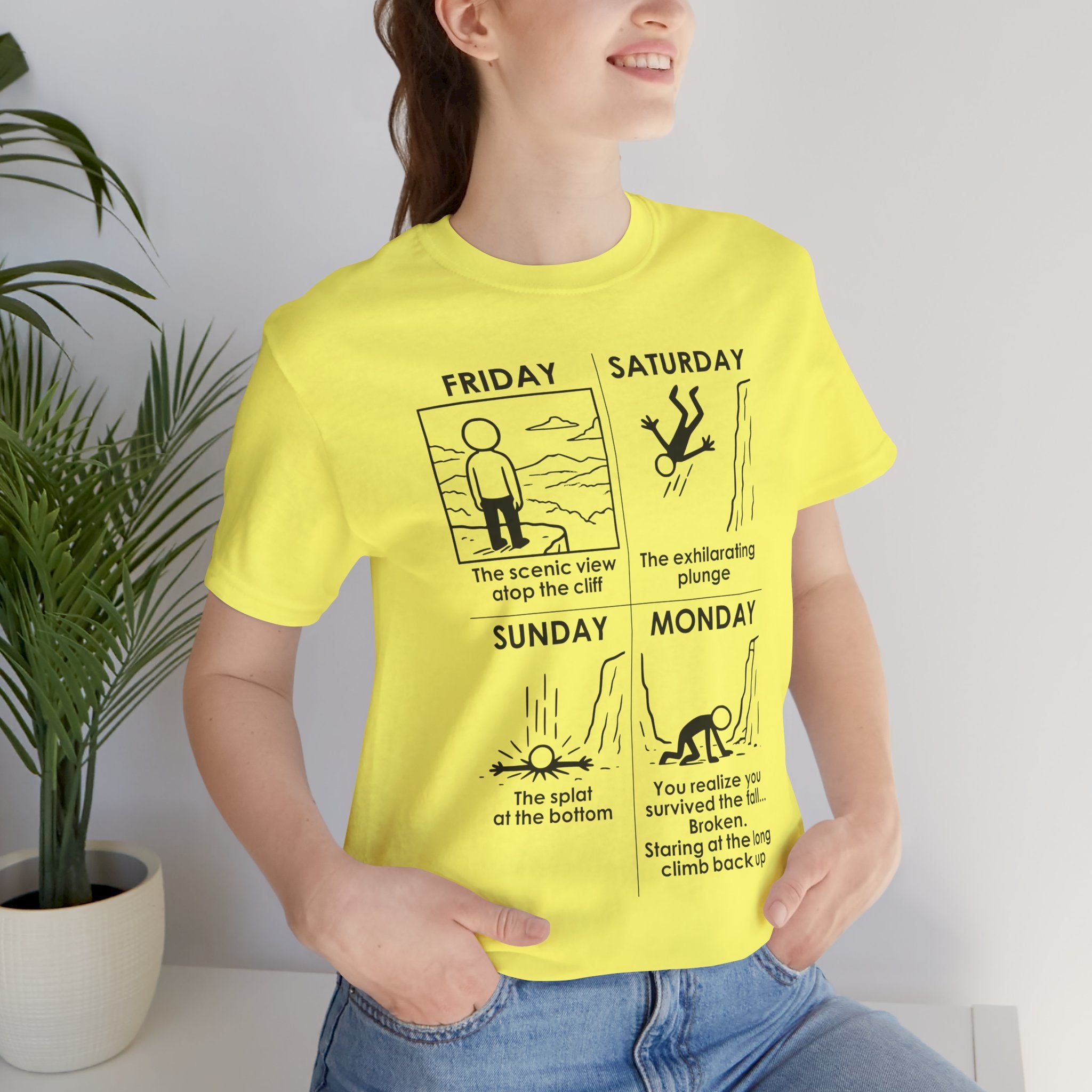 Weekend Cliff Comic T-Shirt – Dark Humor Friday to Monday Survival Graphic Tee