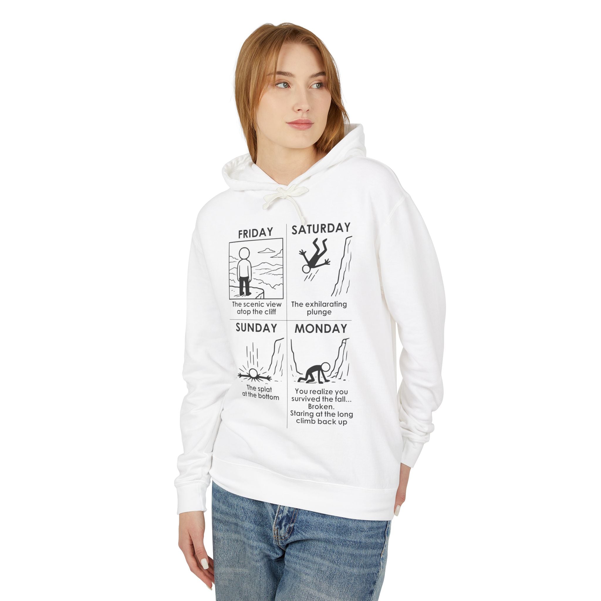 Weekend Cliff Comic Hoodie – Dark Humor Friday to Monday Survival Sweatshirt