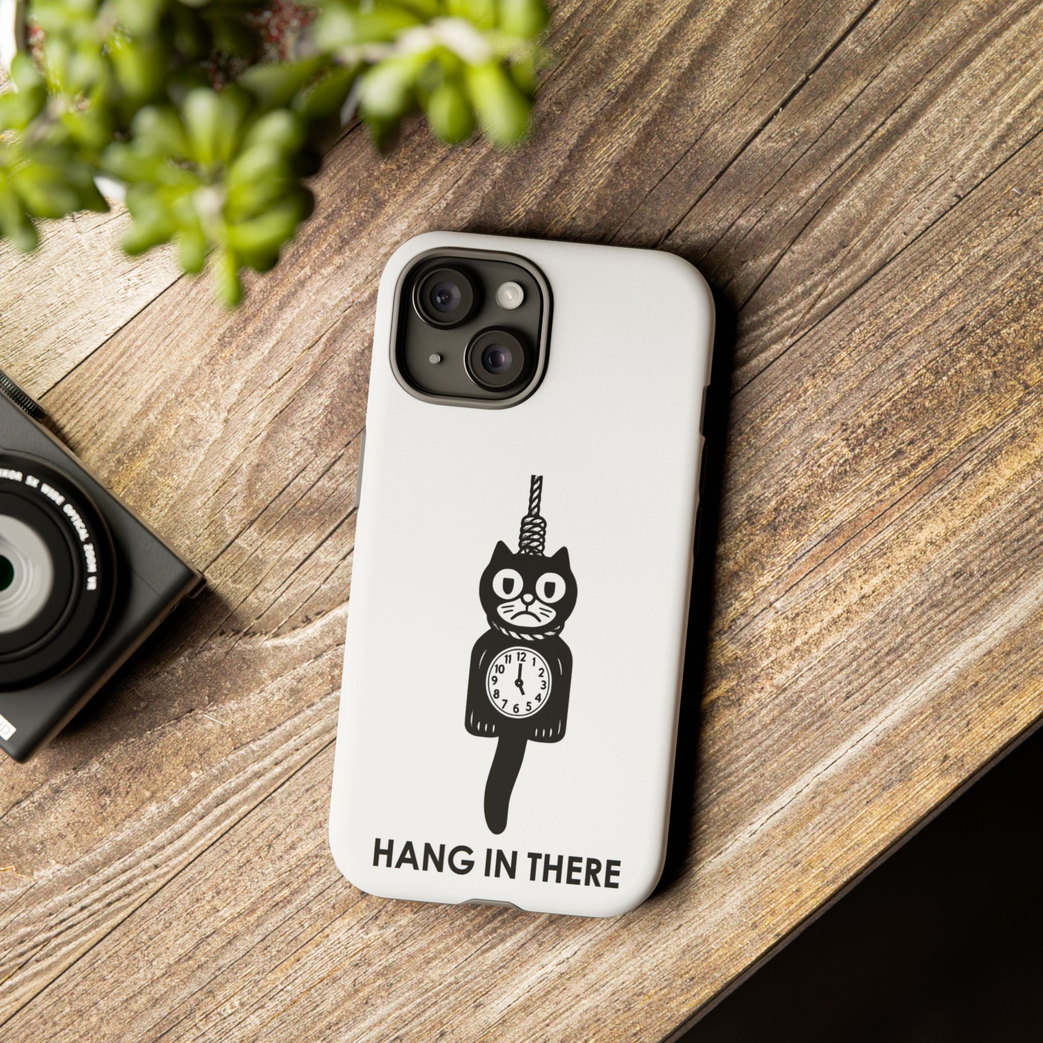Hang In There Phone Case – Dark Humor Cat Clock Parody Mobile Cover