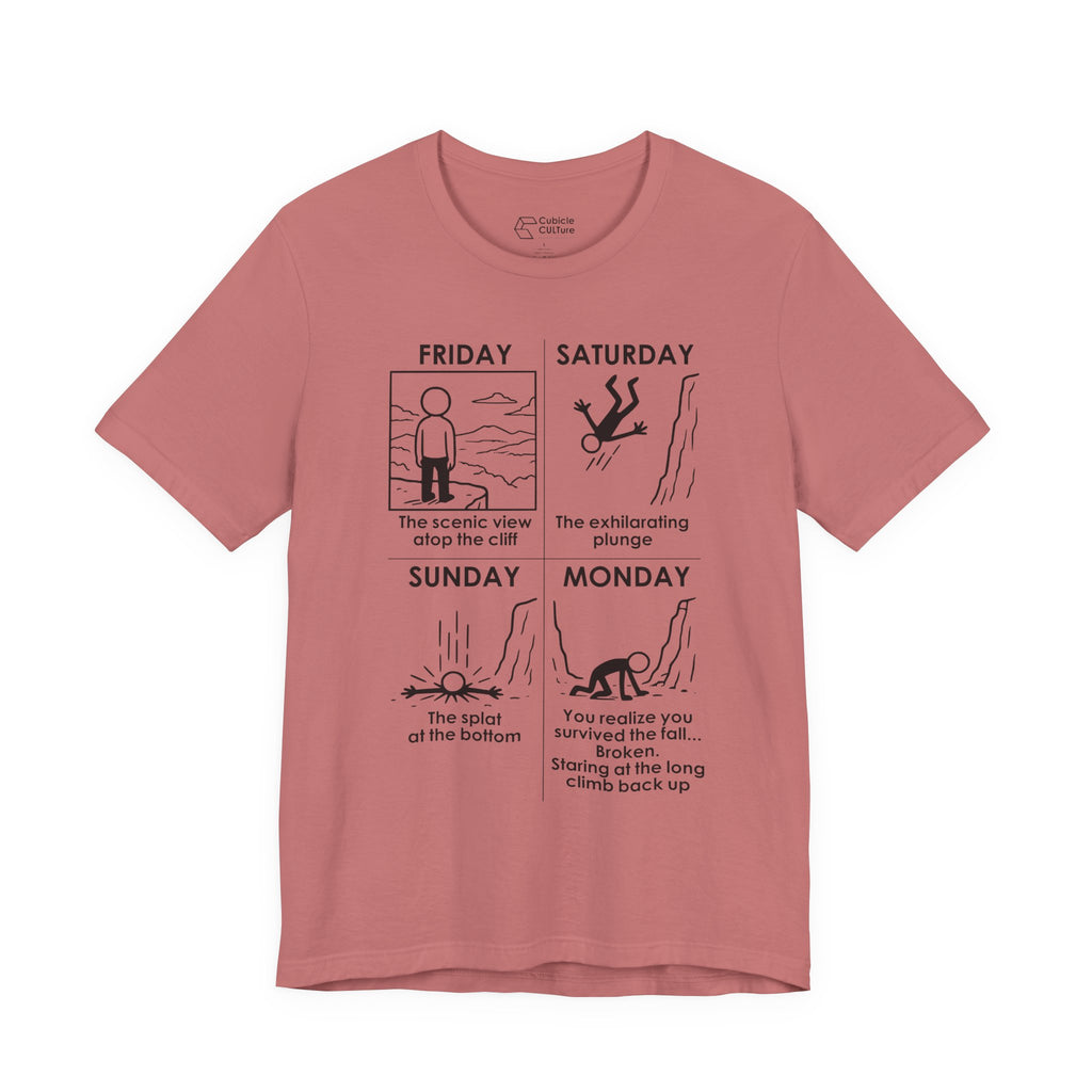 Weekend Cliff Comic T-Shirt – Dark Humor Friday to Monday Survival Graphic Tee