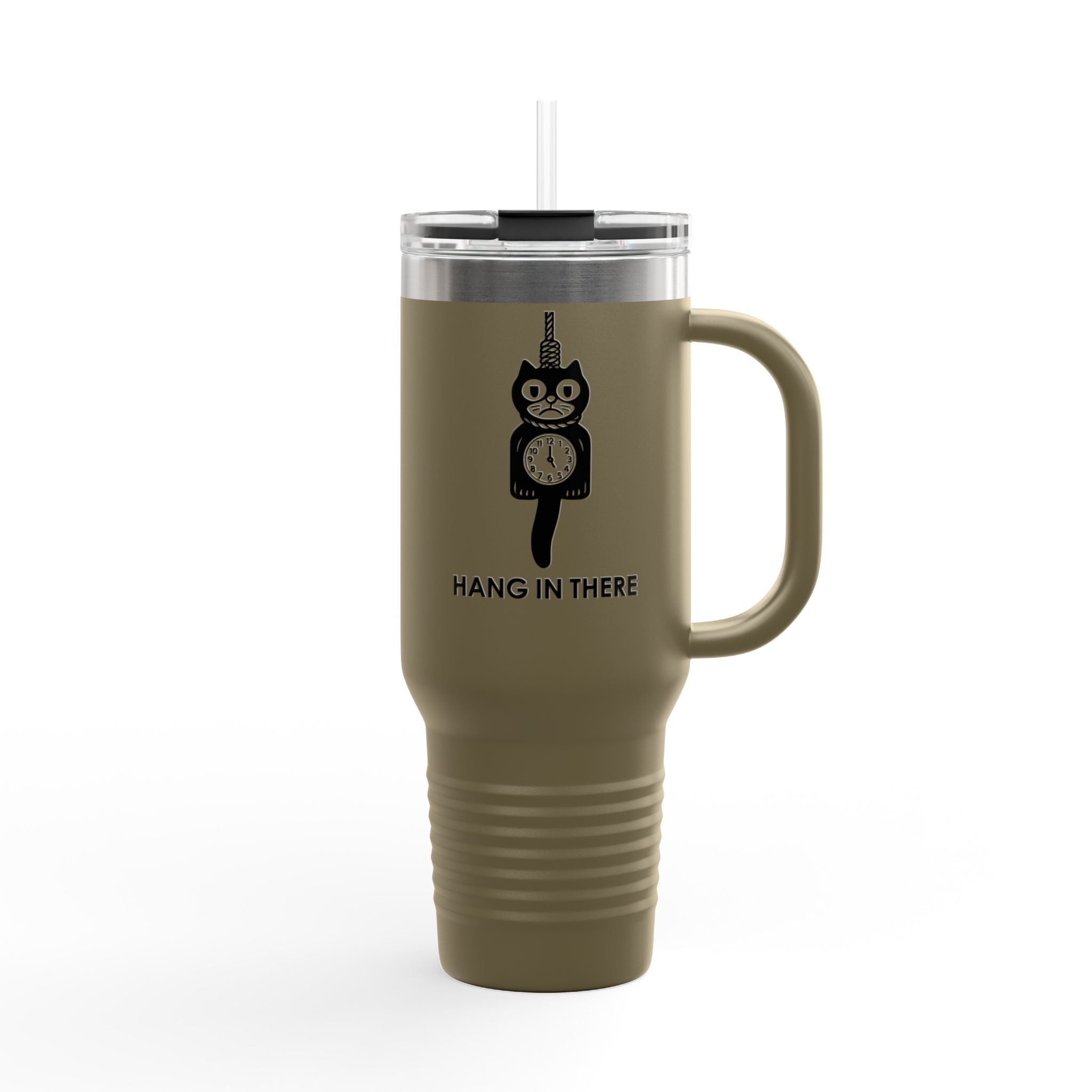 Hang In There Travel Mug – Dark Humor Cat Clock Parody Tumbler