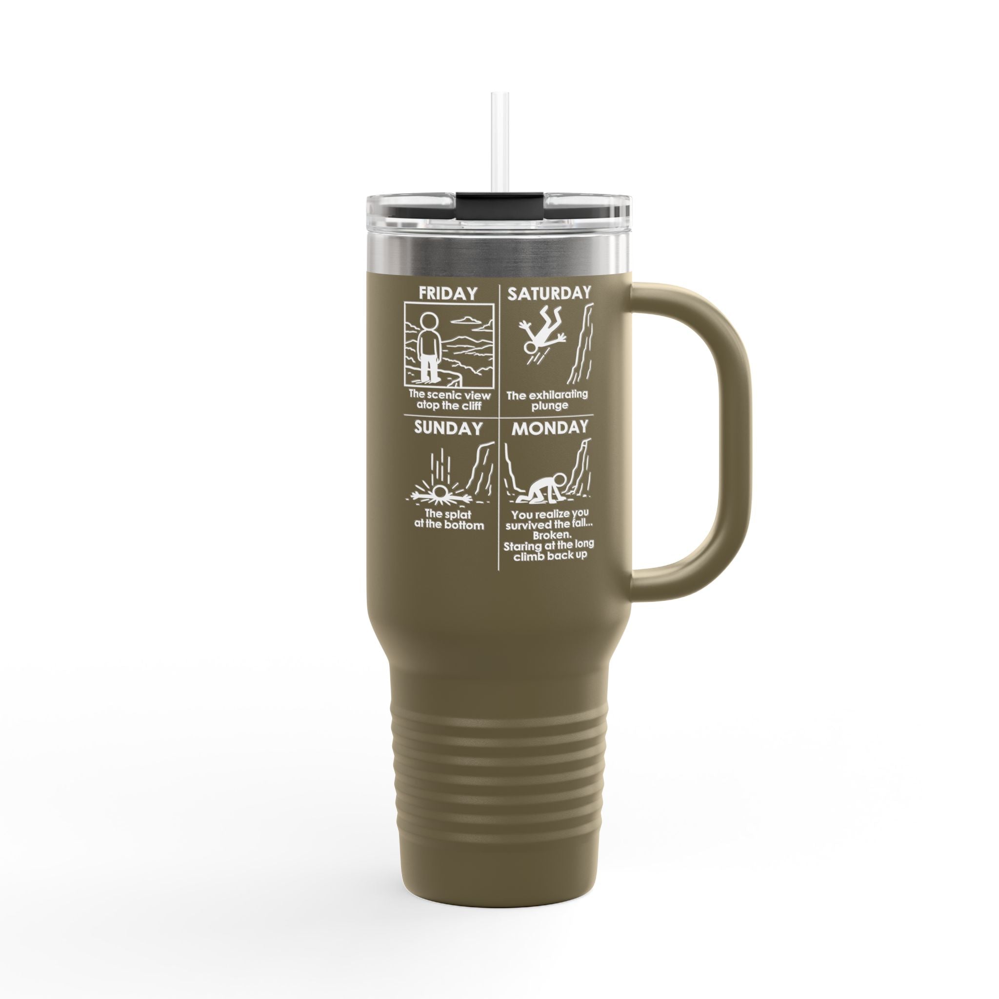 Weekend Cliff Comic Travel Mug – Dark Humor Friday to Monday Survival Tumbler
