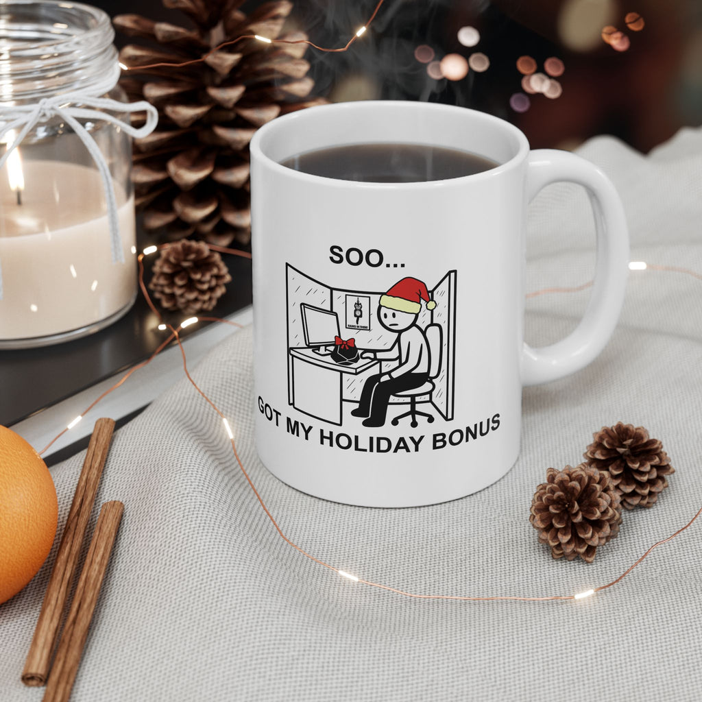 Holiday Bonus Comic Coffee Mug – Dark Humor Corporate Christmas Office Cup