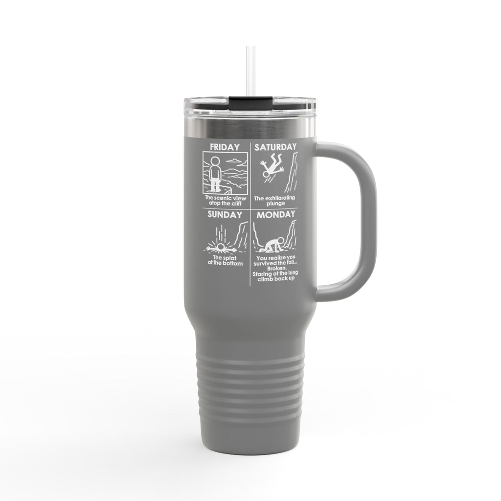 Weekend Cliff Comic Travel Mug – Dark Humor Friday to Monday Survival Tumbler