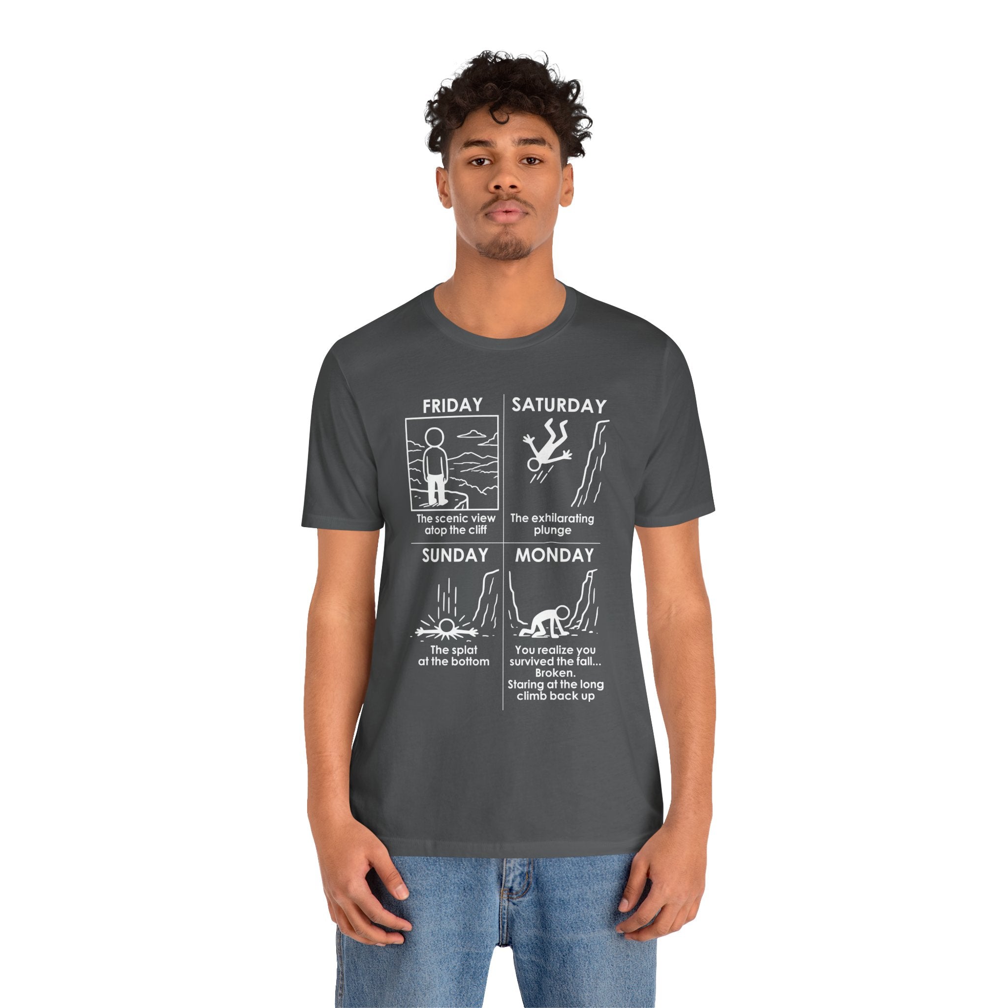 Weekend Cliff Comic T-Shirt – Cliffverse Dark Humor Friday to Monday Survival Graphic Tee